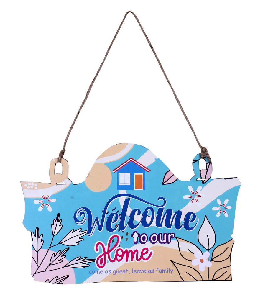 Kuber Industries Wooden&quot;Welcome To Our Home&quot;Printed Quotes For Home Door Decoration (Sky Blue)