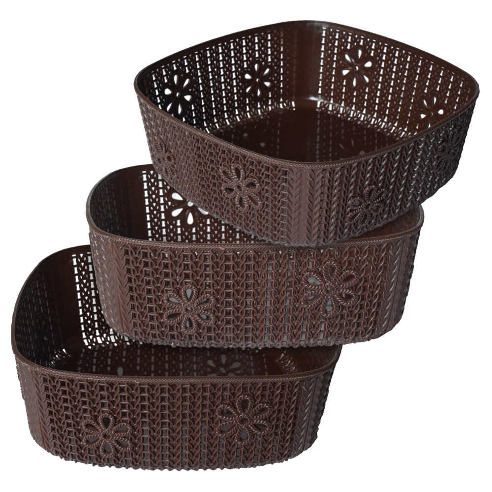 Kuber Industries Woven Design Multipurpose Square Shape Basket Ideal for Friuts, Vegetable, Toys Small, Medium, Large Pack of 3 (Brown)