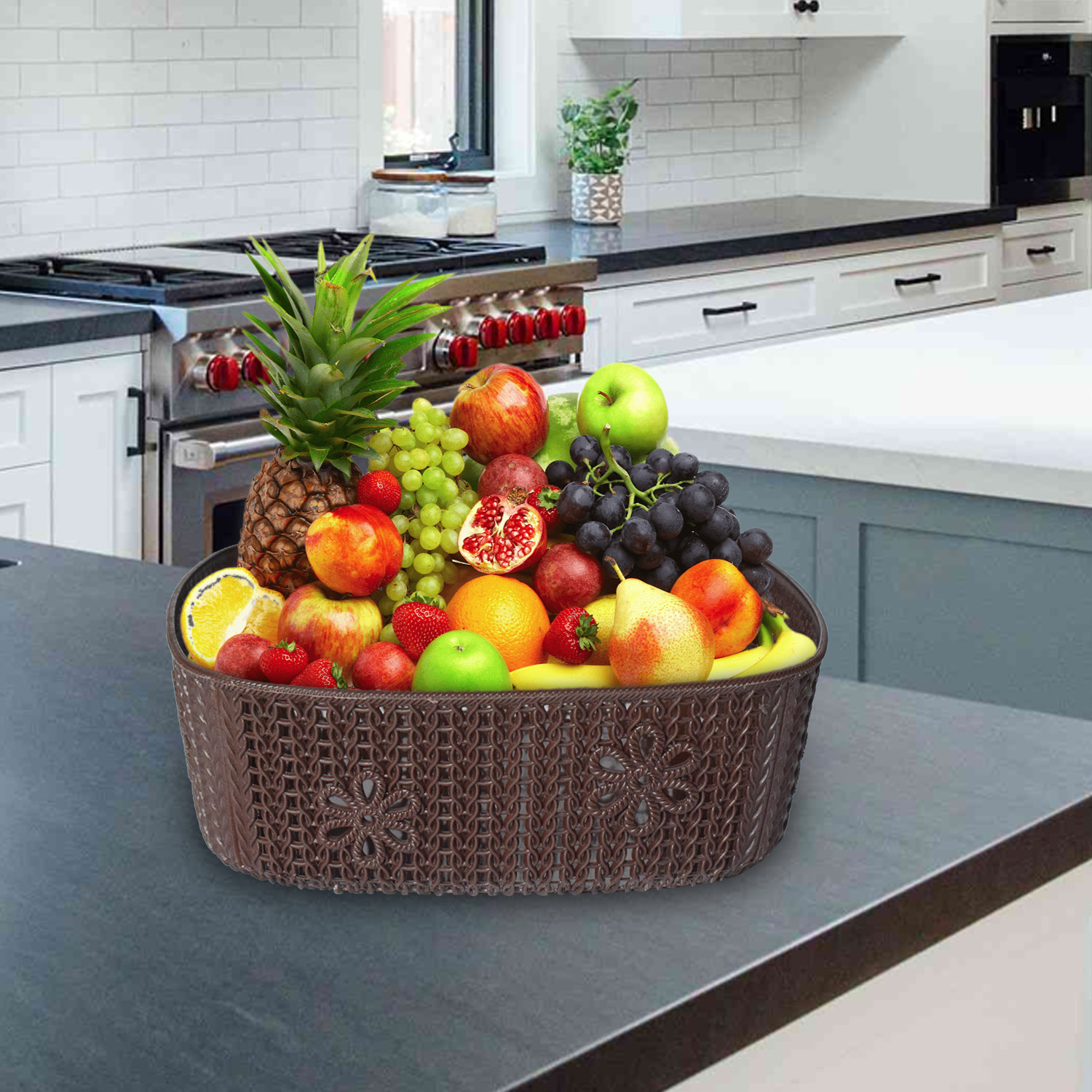 Kuber Industries Woven Design Multipurpose Square Shape Basket Ideal for Friuts, Vegetable, Toys Small, Medium, Large Pack of 3 (Brown)