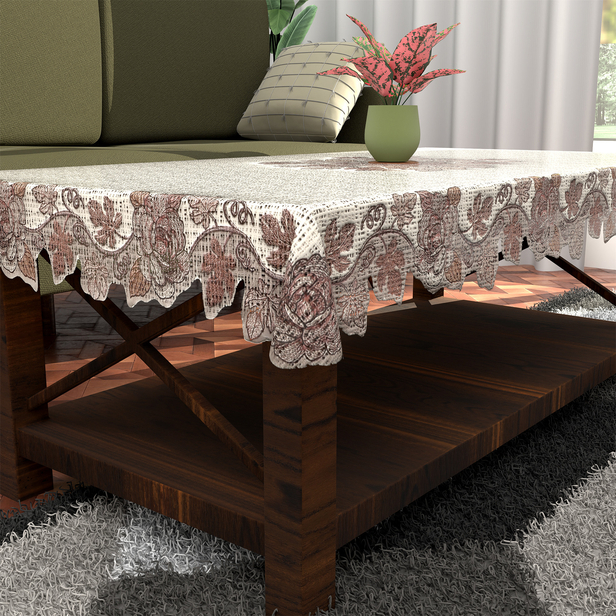 Kuber Industries Wrinkle Free 4 Seater Dining Table Cover for Living Room  Office  Centre Table Cloth FurnitureTeapoy Table Sheet for Home  Leaf - Cream  Brown