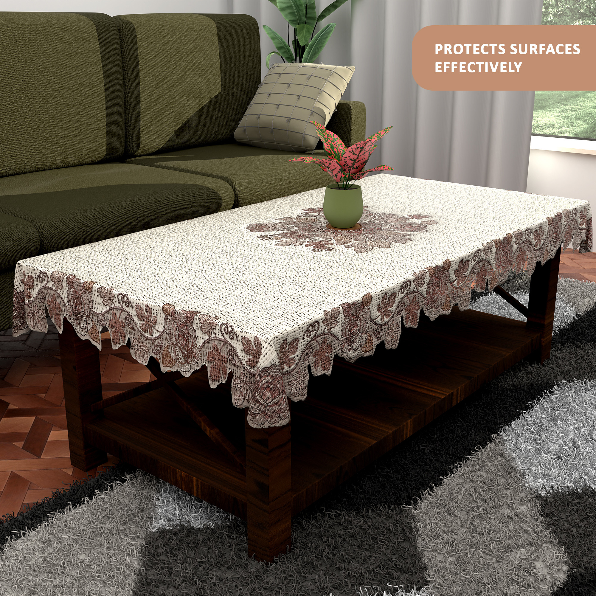 Kuber Industries Wrinkle Free 4 Seater Dining Table Cover for Living Room  Office  Centre Table Cloth FurnitureTeapoy Table Sheet for Home  Leaf - Cream  Brown