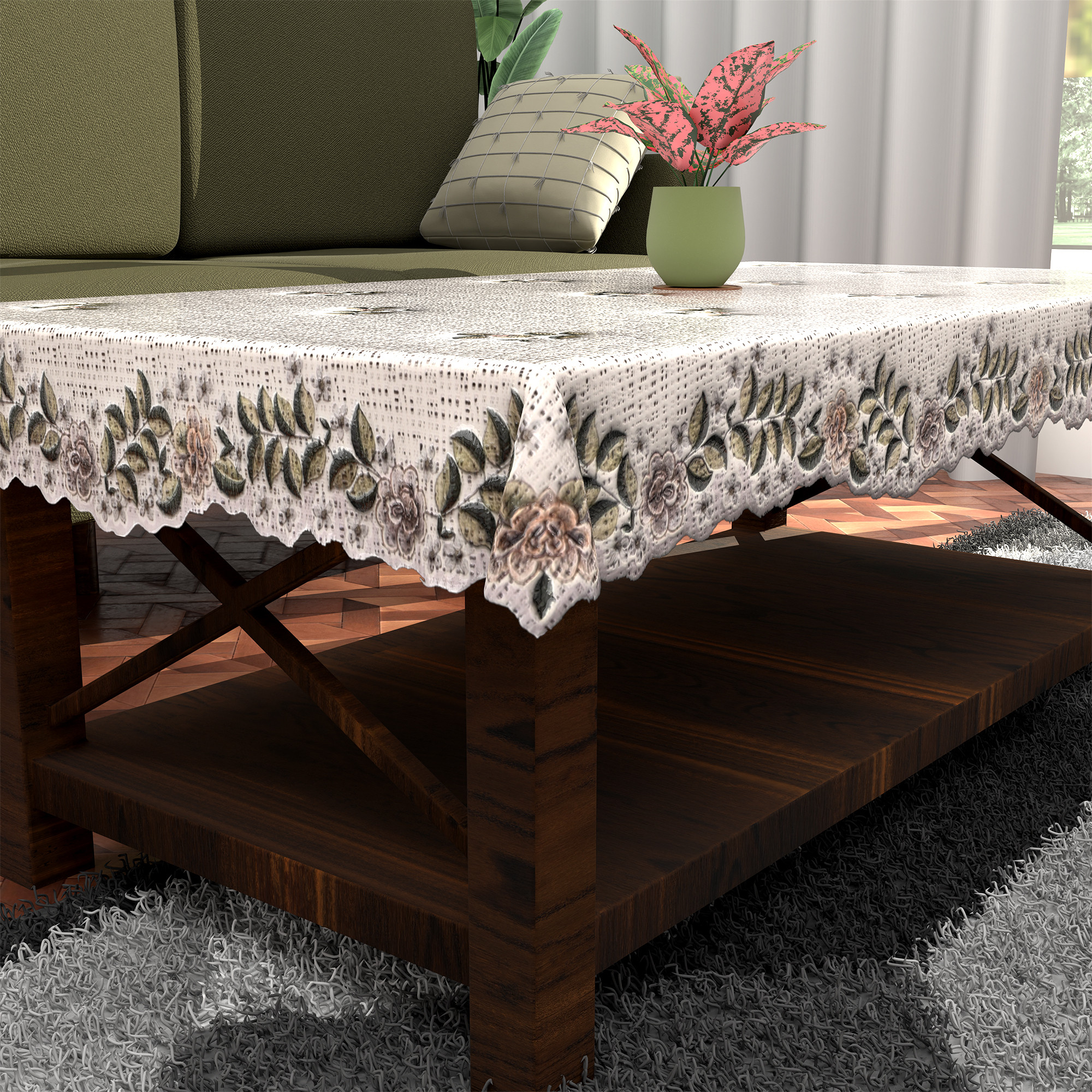 Kuber Industries Wrinkle Free 4 Seater Dining Table Cover for Living Room  Office  Centre Table Cloth FurnitureTeapoy Table Sheet for Home  Leaf - Cream  Green