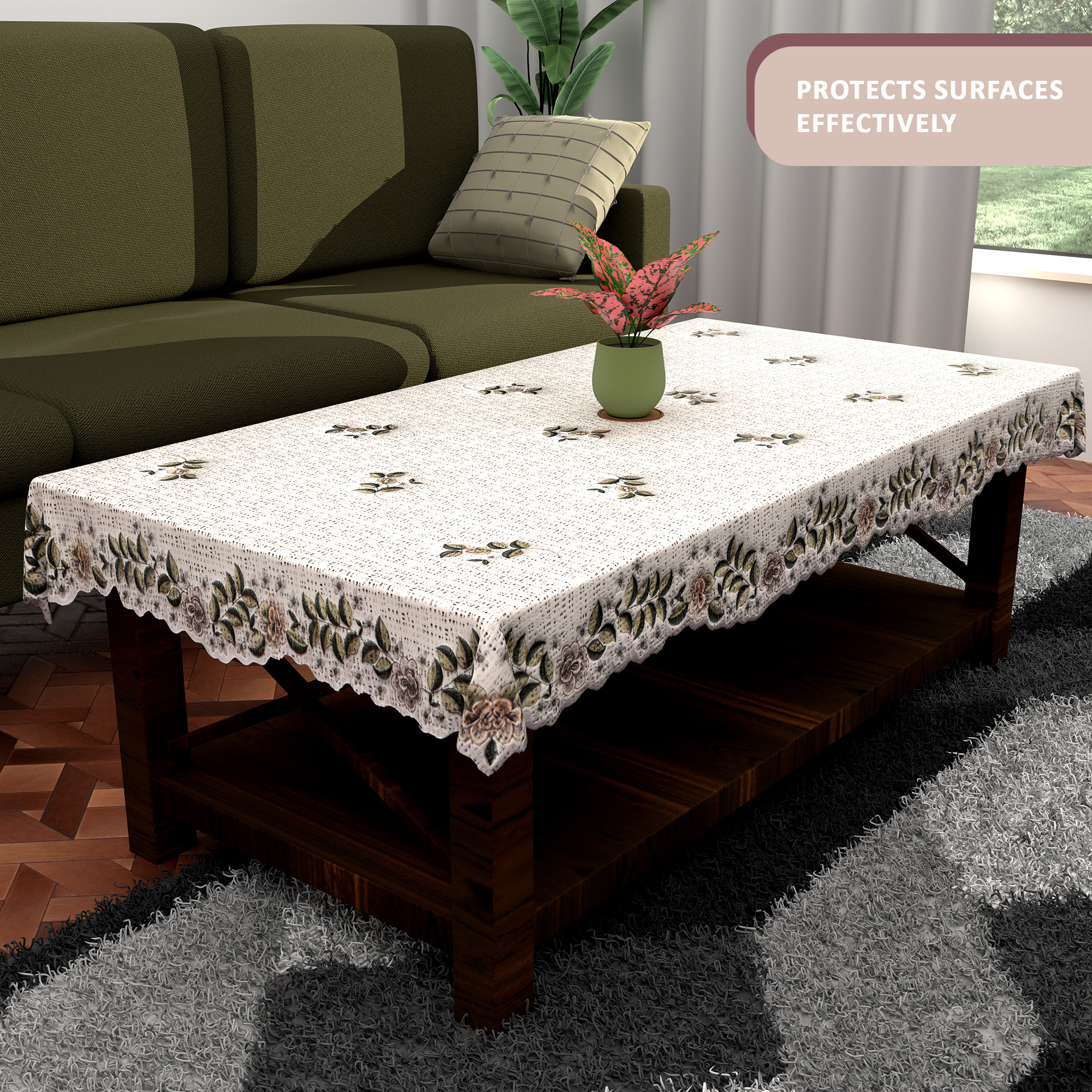 Kuber Industries Wrinkle Free 4 Seater Dining Table Cover for Living Room  Office  Centre Table Cloth FurnitureTeapoy Table Sheet for Home  Leaf - Cream  Green