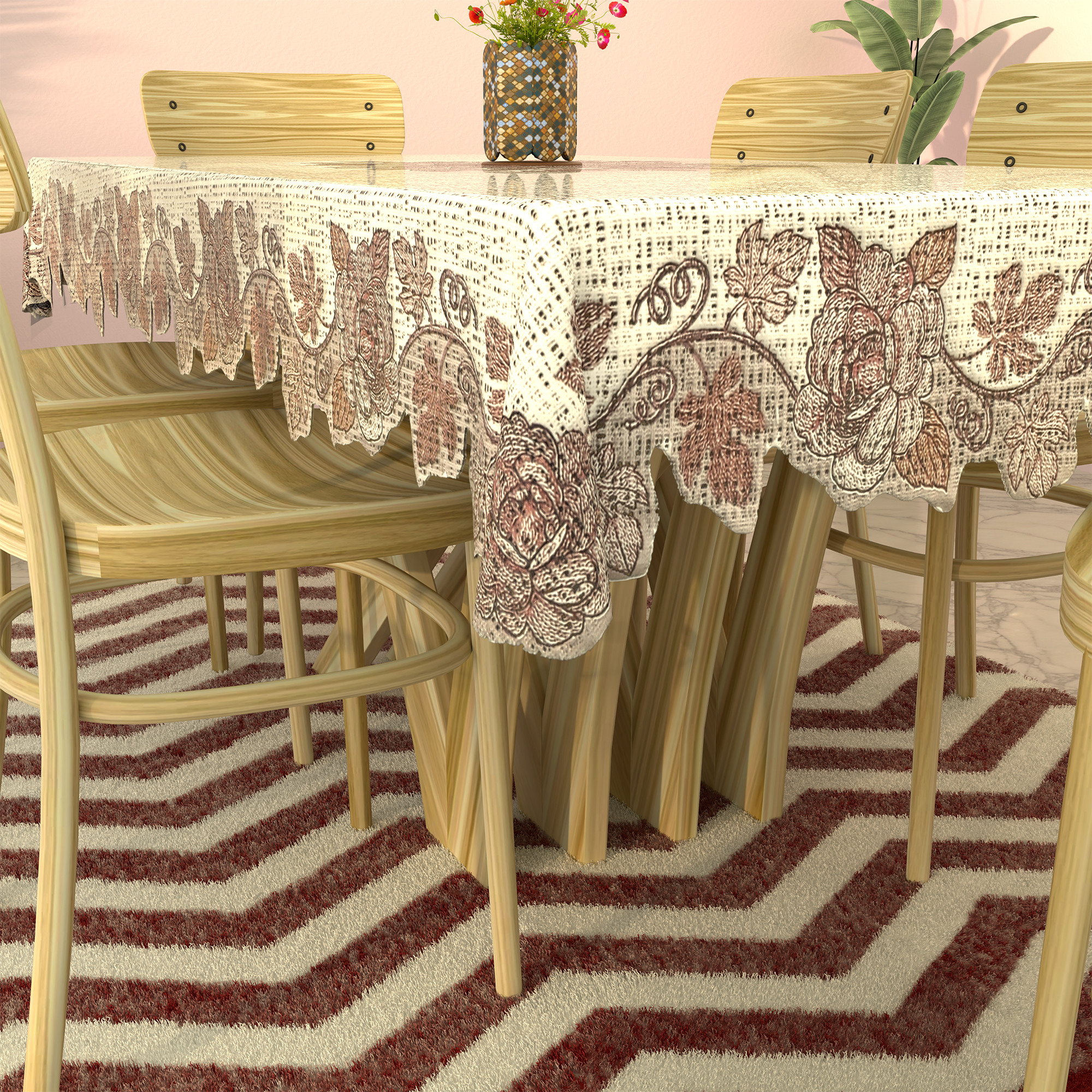 Kuber Industries Wrinkle Free  Durable 6 Seater Dining Table Cover for Kitchen  Aesthetic Festive Dinner Table Cloth For Living Room House  Office  Leaf - Cream  Brown