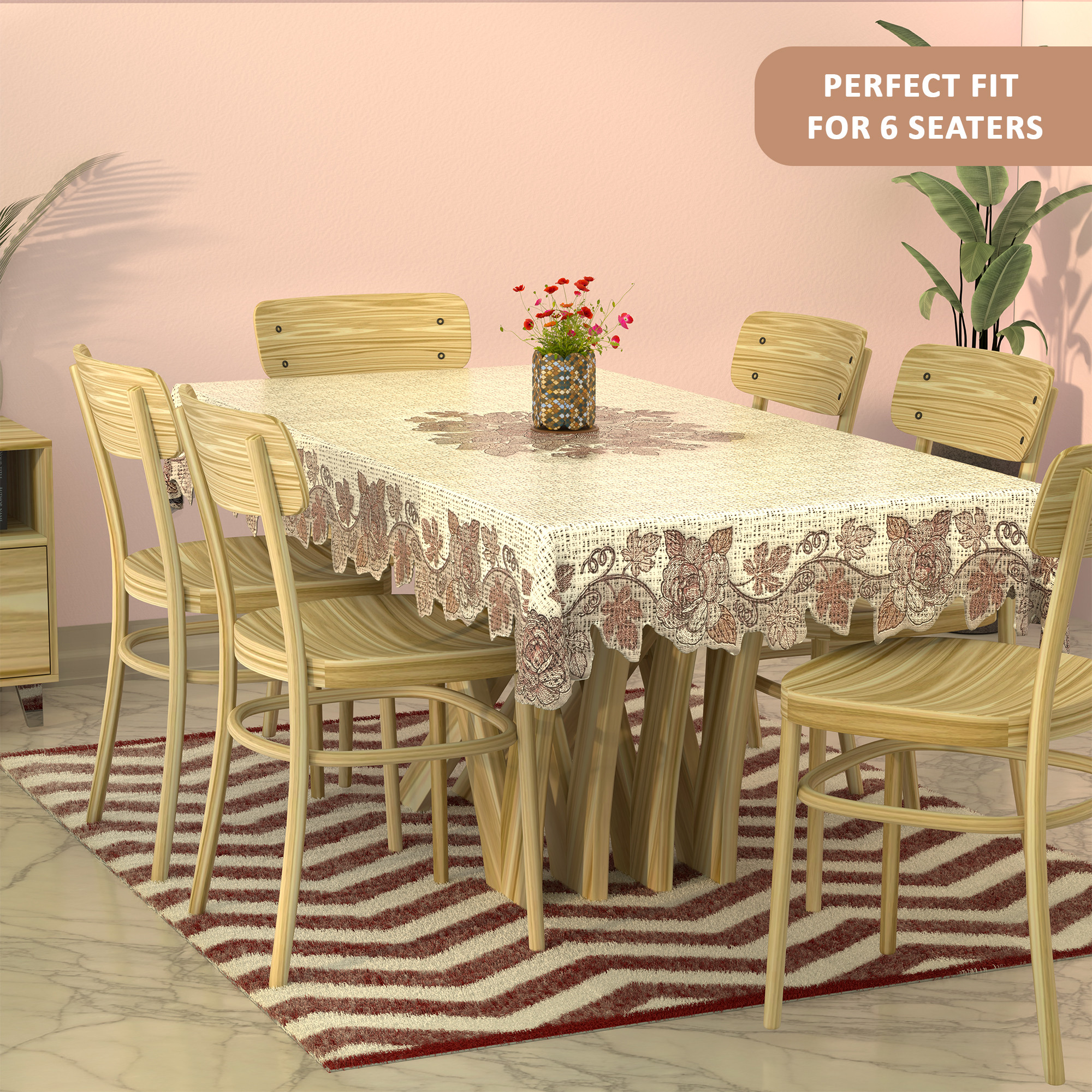 Kuber Industries Wrinkle Free  Durable 6 Seater Dining Table Cover for Kitchen  Aesthetic Festive Dinner Table Cloth For Living Room House  Office  Leaf - Cream  Brown