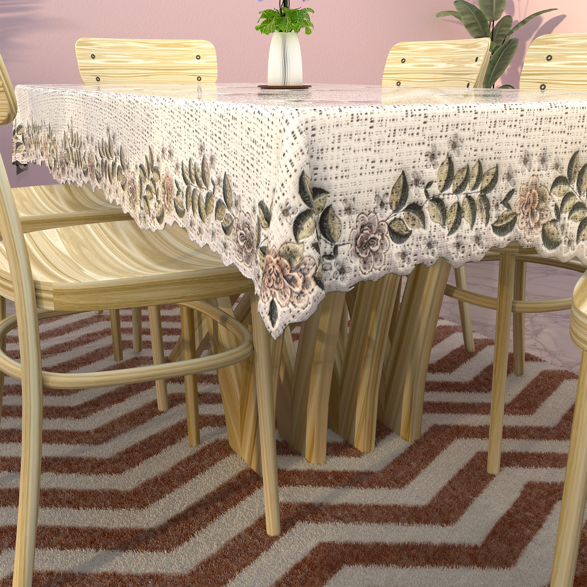 Kuber Industries Wrinkle Free  Durable 6 Seater Dining Table Cover for Kitchen  Aesthetic Festive Dinner Table Cloth For Living Room House  Office  Leaf - Cream  Green