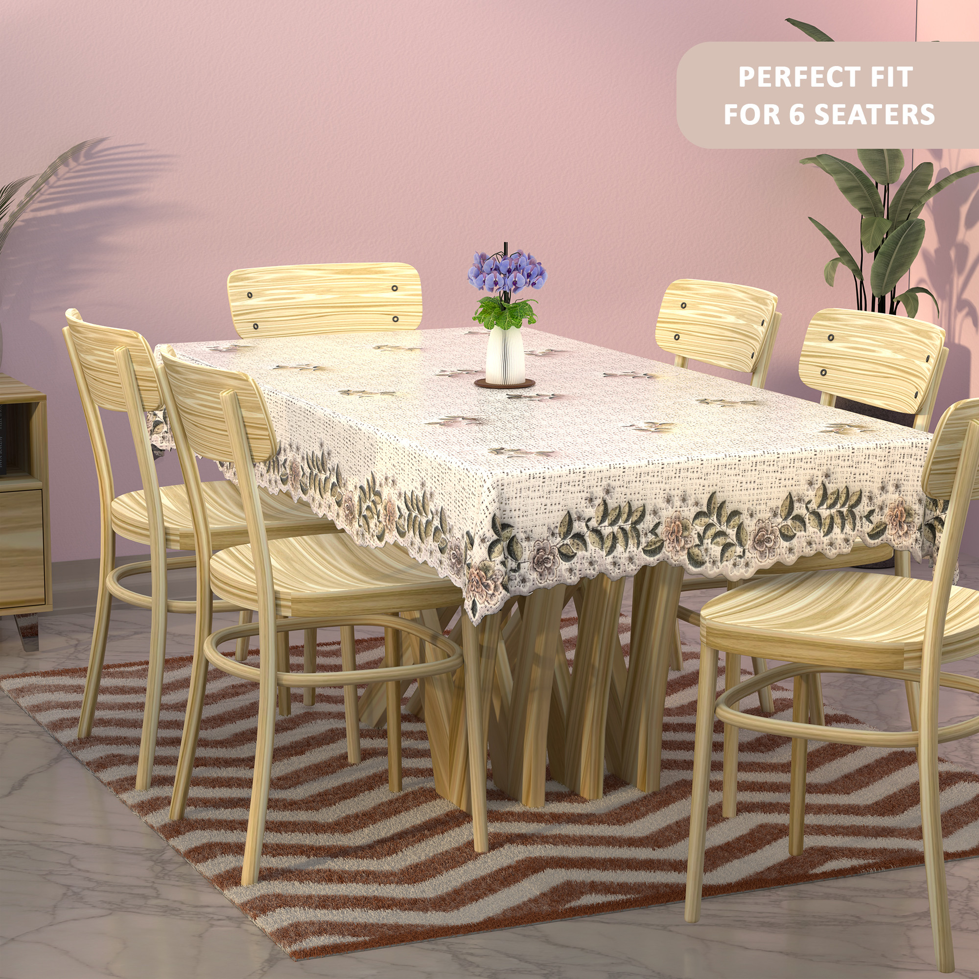 Kuber Industries Wrinkle Free  Durable 6 Seater Dining Table Cover for Kitchen  Aesthetic Festive Dinner Table Cloth For Living Room House  Office  Leaf - Cream  Green