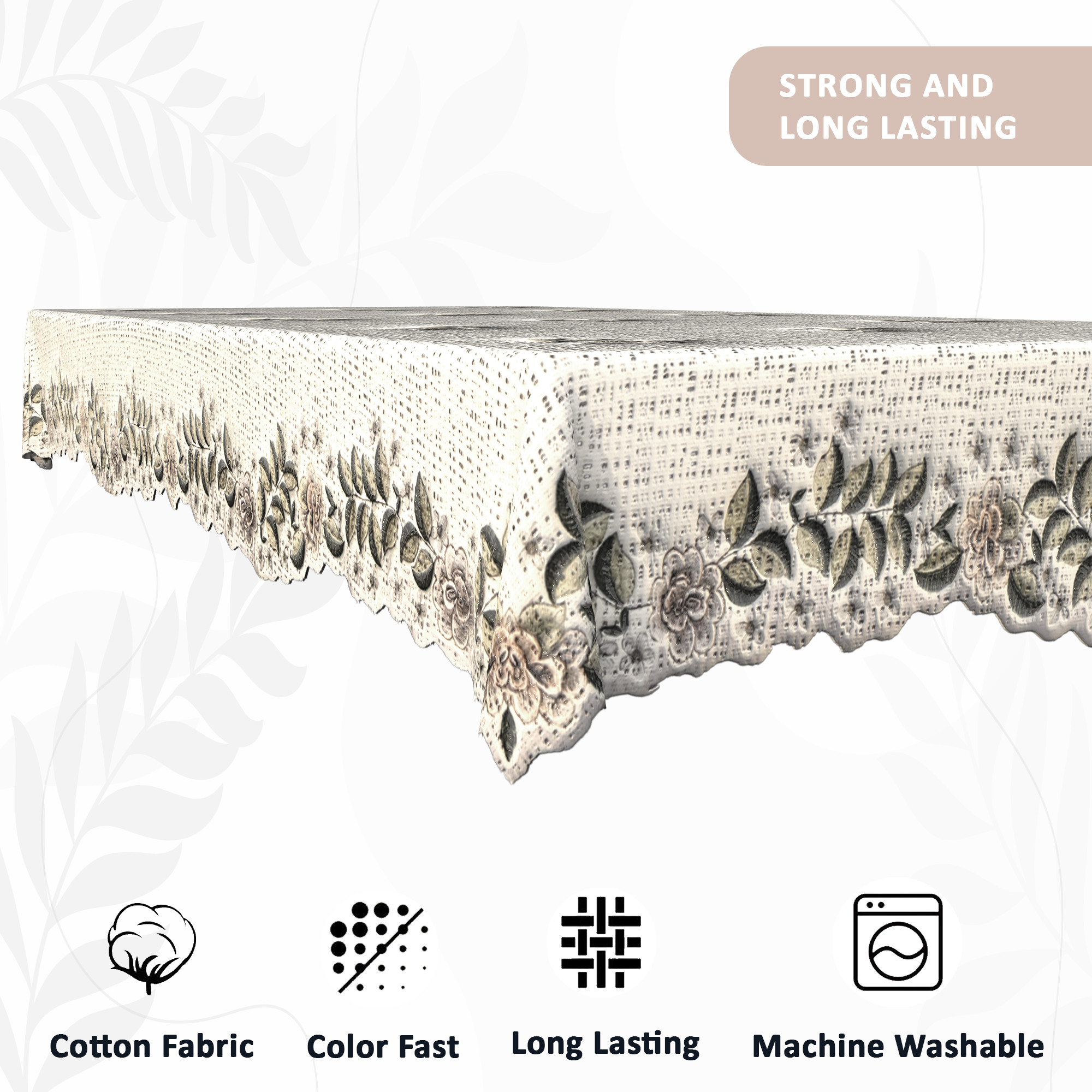 Kuber Industries Wrinkle Free  Durable 6 Seater Dining Table Cover for Kitchen  Aesthetic Festive Dinner Table Cloth For Living Room House  Office  Leaf - Cream  Green
