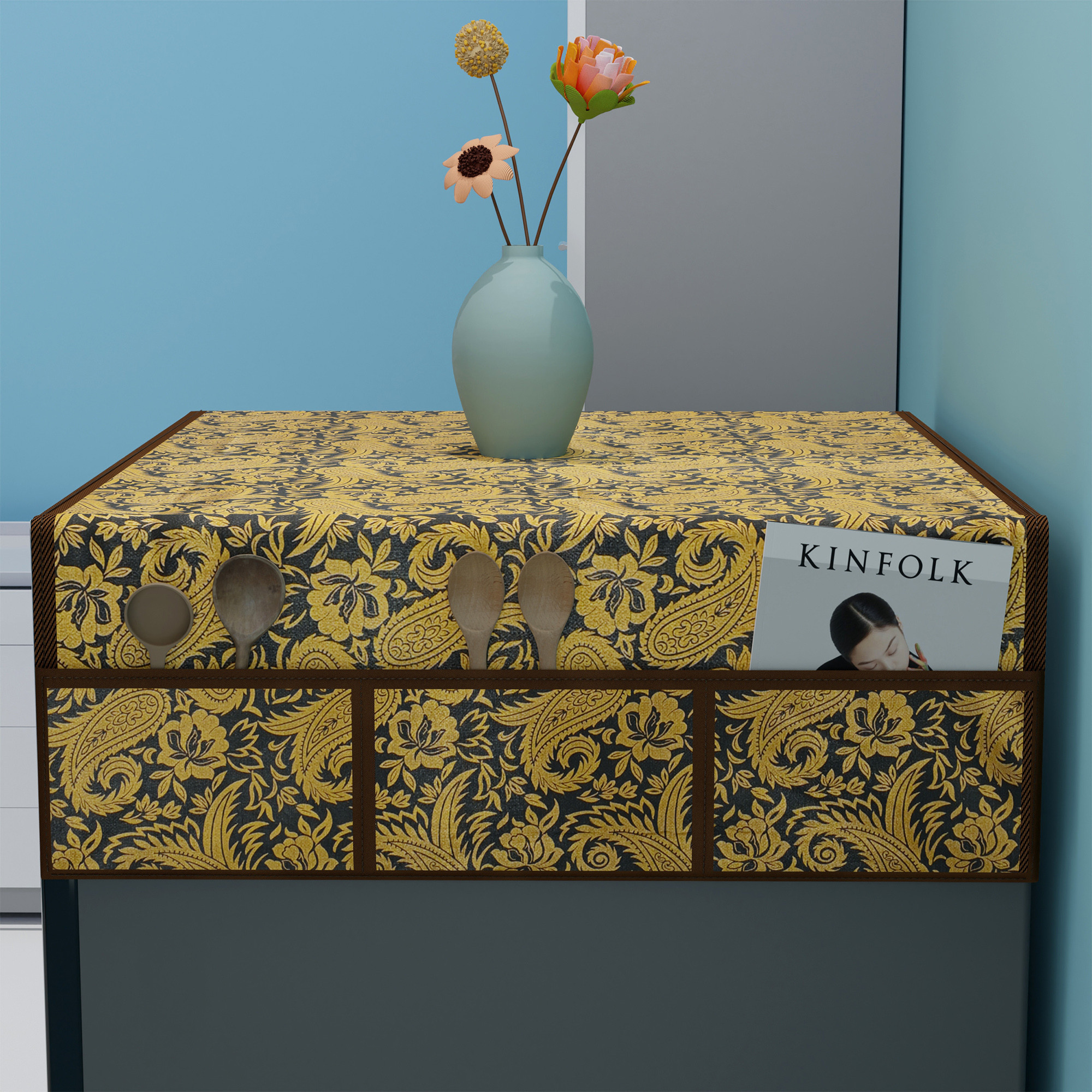 Kuber Industries XL Size Wipeable  Dustproof Fridge Cover Top With 6 Storage Pockets  Easy To Clean Refrigerator Cover Ideal for Home Canteen  Office  Golden Carry Print-Black