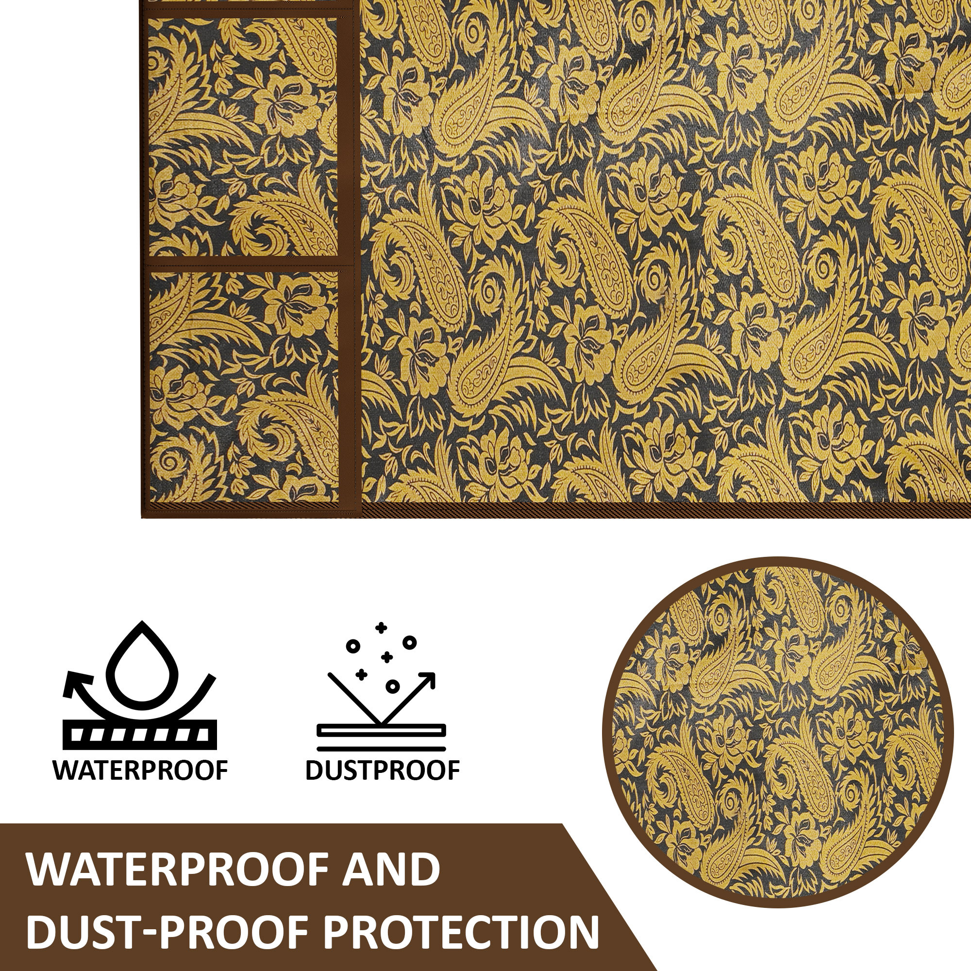 Kuber Industries XL Size Wipeable  Dustproof Fridge Cover Top With 6 Storage Pockets  Easy To Clean Refrigerator Cover Ideal for Home Canteen  Office  Golden Carry Print-Black