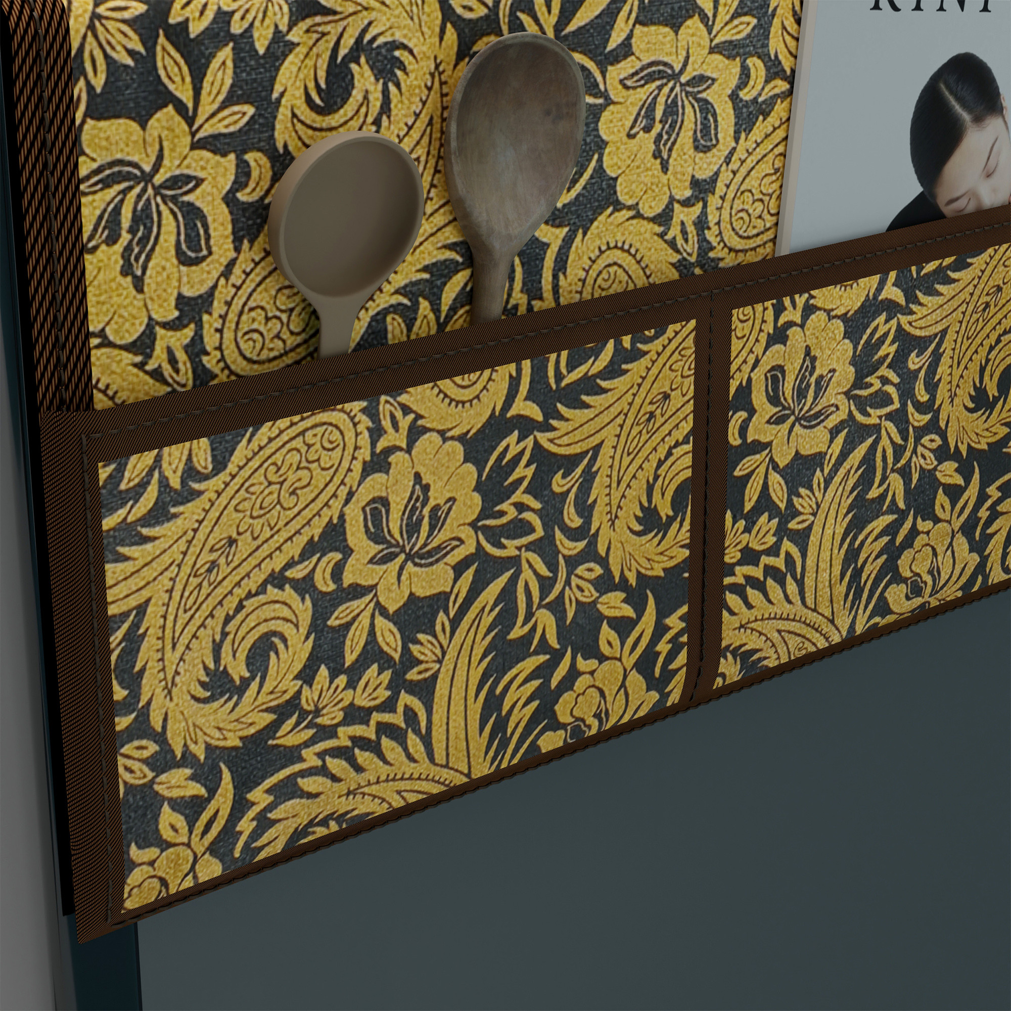 Kuber Industries XL Size Wipeable  Dustproof Fridge Cover Top With 6 Storage Pockets  Easy To Clean Refrigerator Cover Ideal for Home Canteen  Office  Golden Carry Print-Black