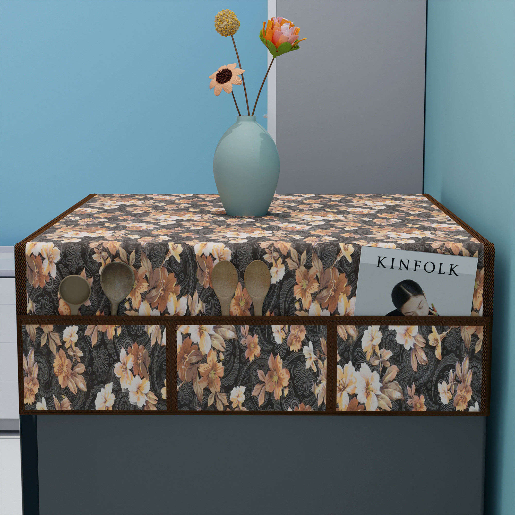 Kuber Industries XL Size Wipeable  Dustproof Fridge Cover Top With 6 Storage Pockets  Easy To Clean Refrigerator Cover Ideal for Home Canteen  Office  Flower- Grey  Brown