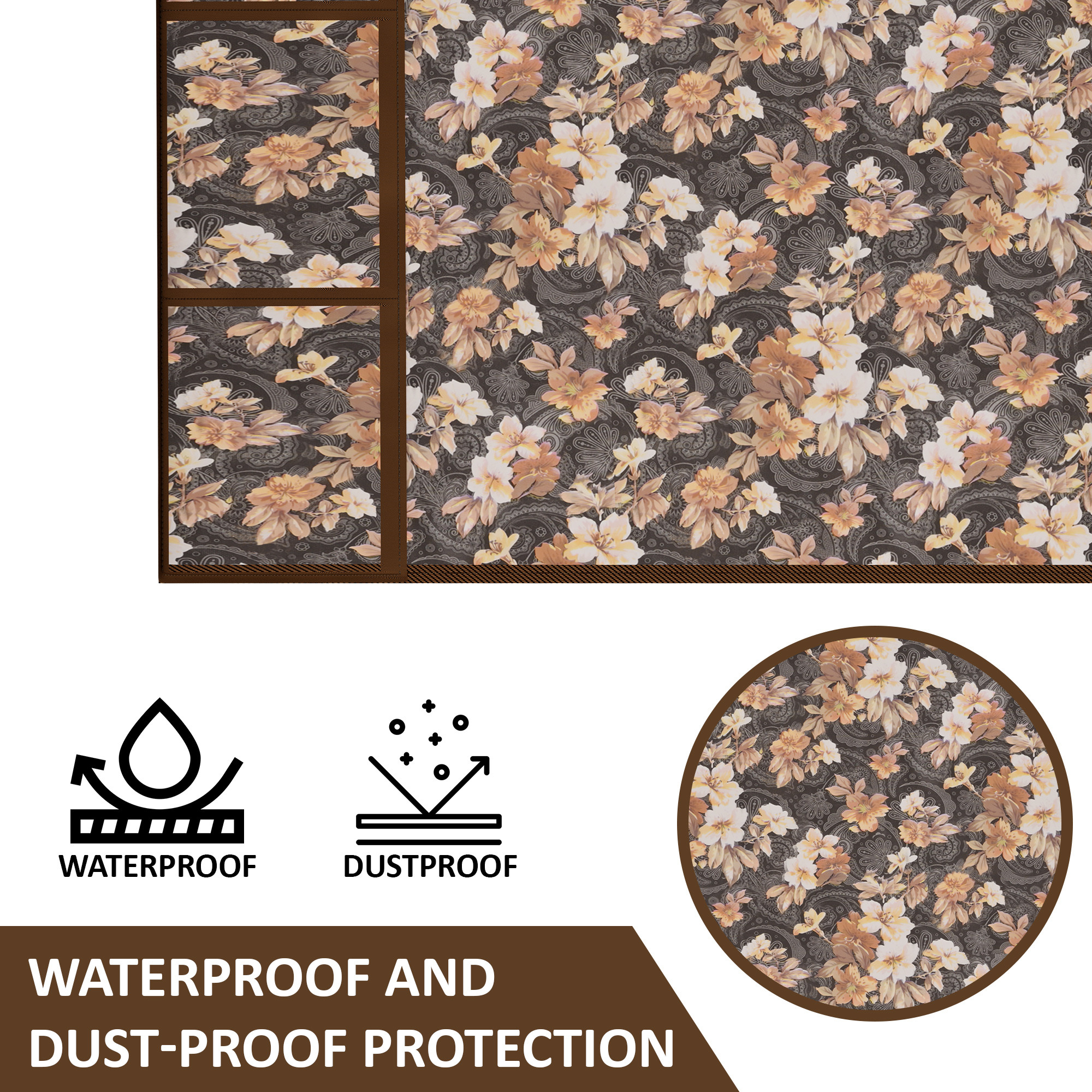 Kuber Industries XL Size Wipeable  Dustproof Fridge Cover Top With 6 Storage Pockets  Easy To Clean Refrigerator Cover Ideal for Home Canteen  Office  Flower- Grey  Brown