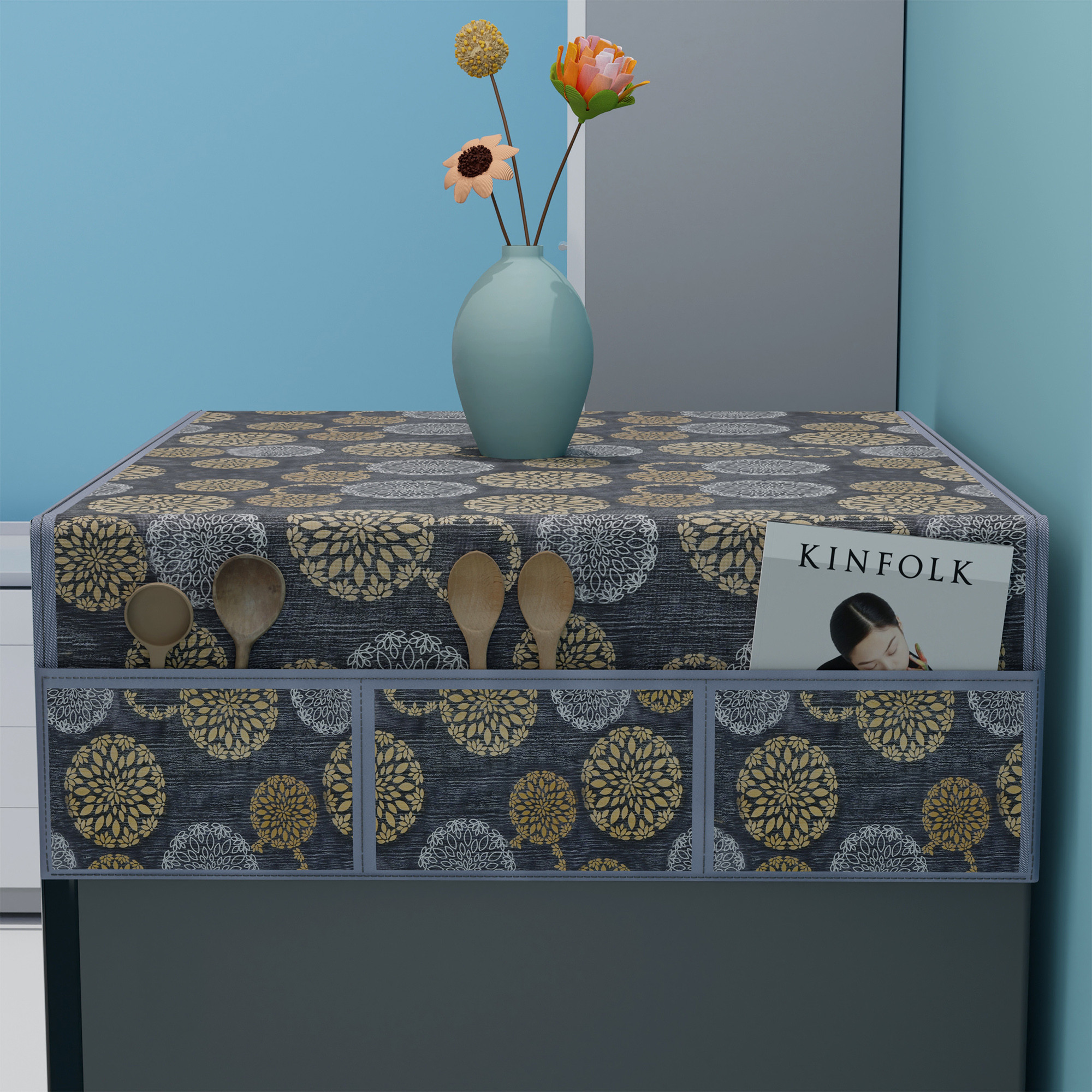 Kuber Industries XL Size Wipeable  Dustproof Fridge Cover Top With 6 Storage Pockets  Easy To Clean Refrigerator Cover Ideal for Home Canteen  Office  Rangoli Print- Black