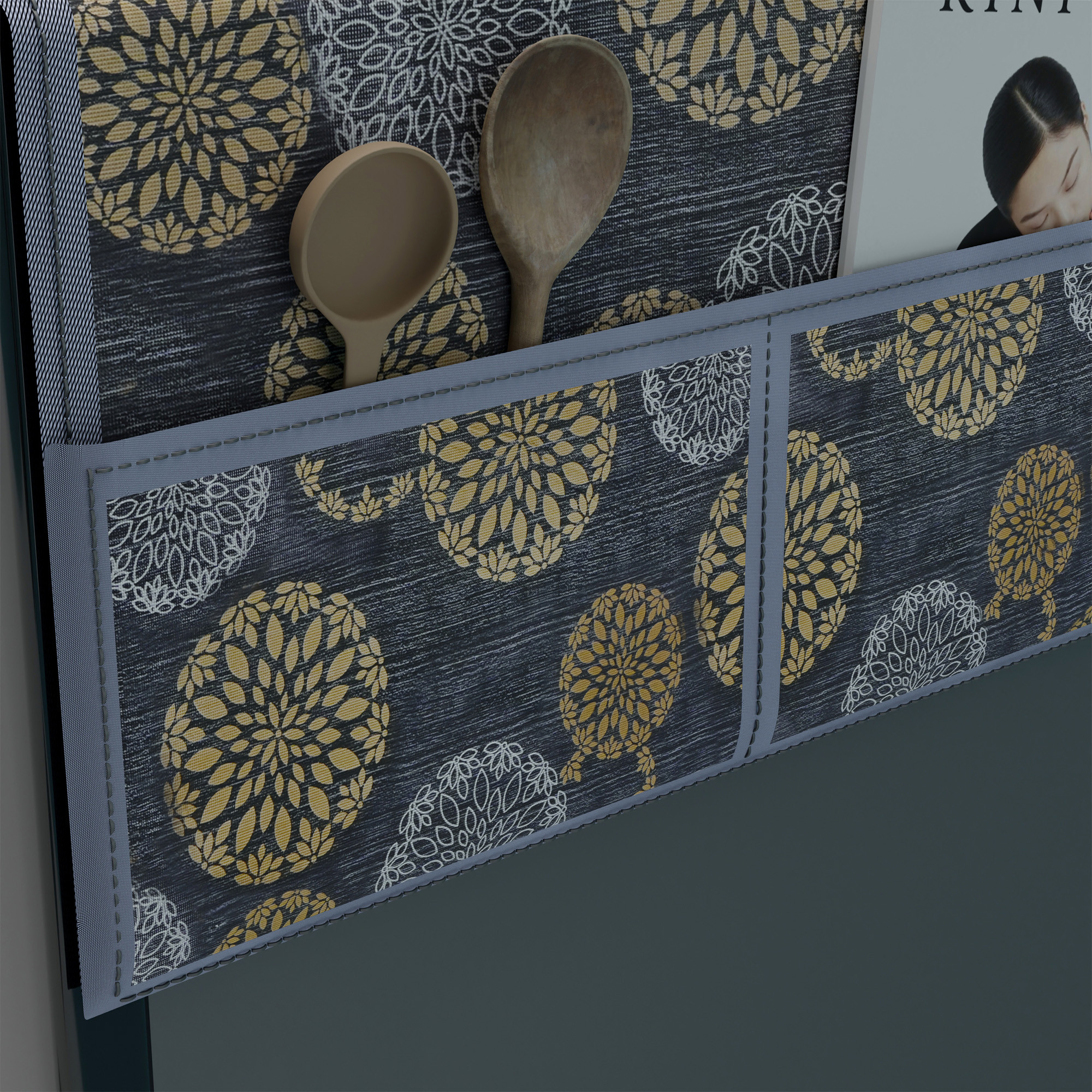 Kuber Industries XL Size Wipeable  Dustproof Fridge Cover Top With 6 Storage Pockets  Easy To Clean Refrigerator Cover Ideal for Home Canteen  Office  Rangoli Print- Black