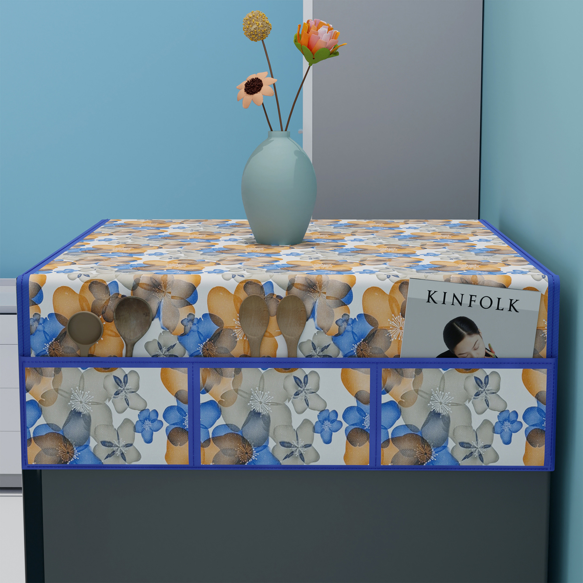 Kuber Industries XL Size Wipeable  Dustproof Fridge Cover Top With 6 Storage Pockets  Easy To Clean Refrigerator Cover Ideal for Home Canteen  Office  Flower- Blue  White