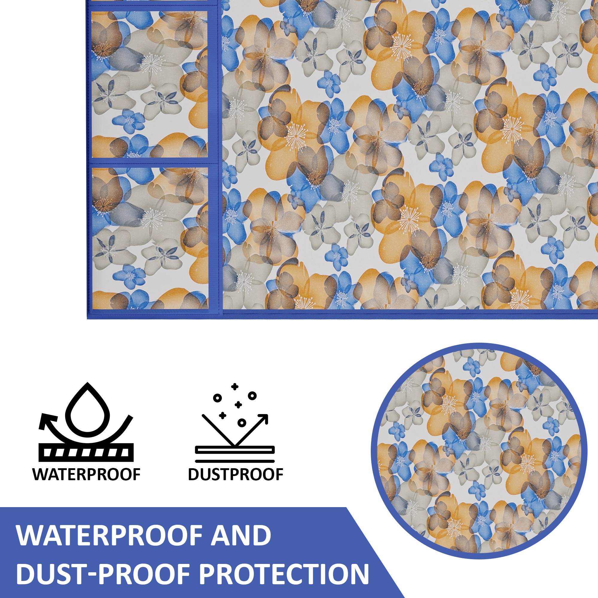 Kuber Industries XL Size Wipeable  Dustproof Fridge Cover Top With 6 Storage Pockets  Easy To Clean Refrigerator Cover Ideal for Home Canteen  Office  Flower- Blue  White