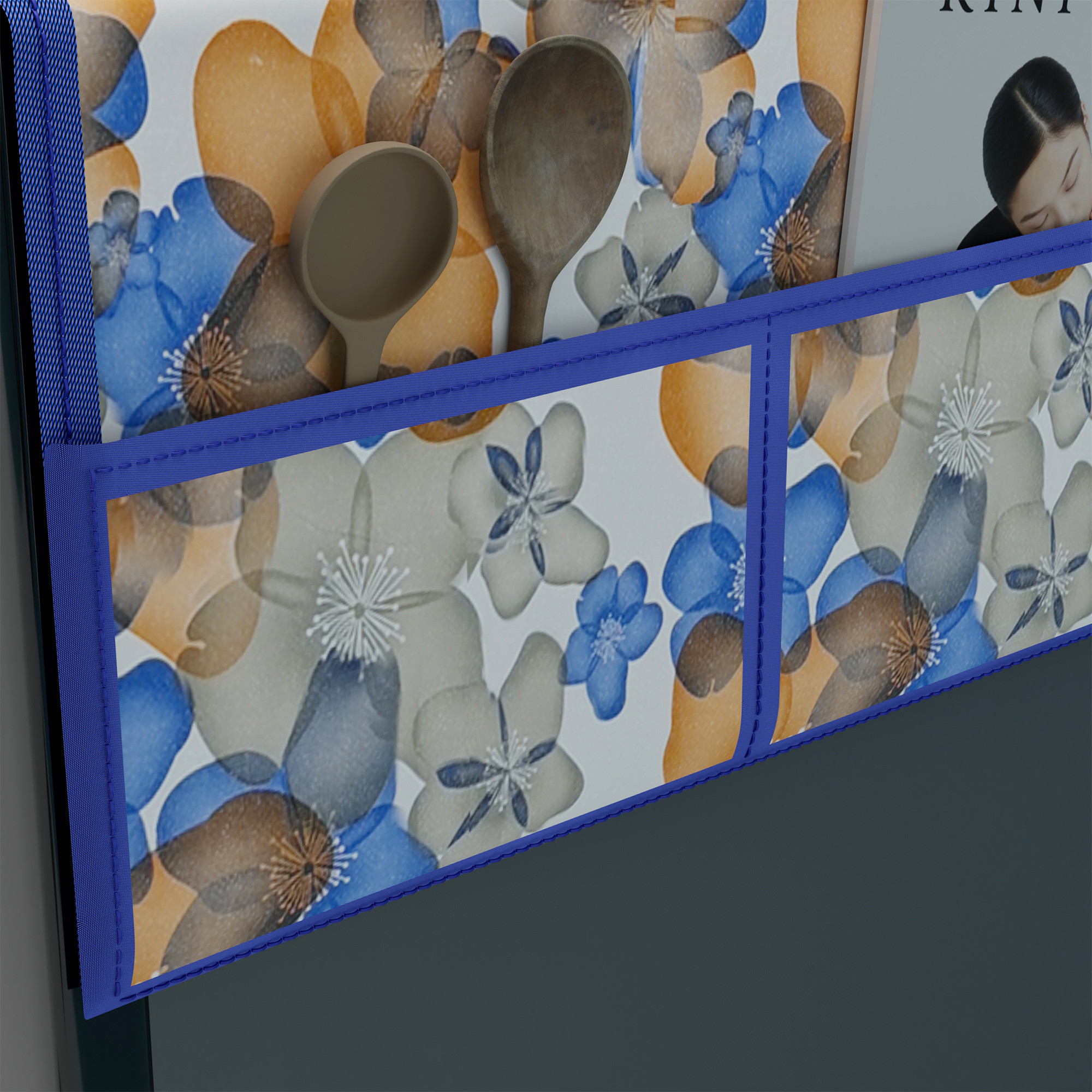 Kuber Industries XL Size Wipeable  Dustproof Fridge Cover Top With 6 Storage Pockets  Easy To Clean Refrigerator Cover Ideal for Home Canteen  Office  Flower- Blue  White