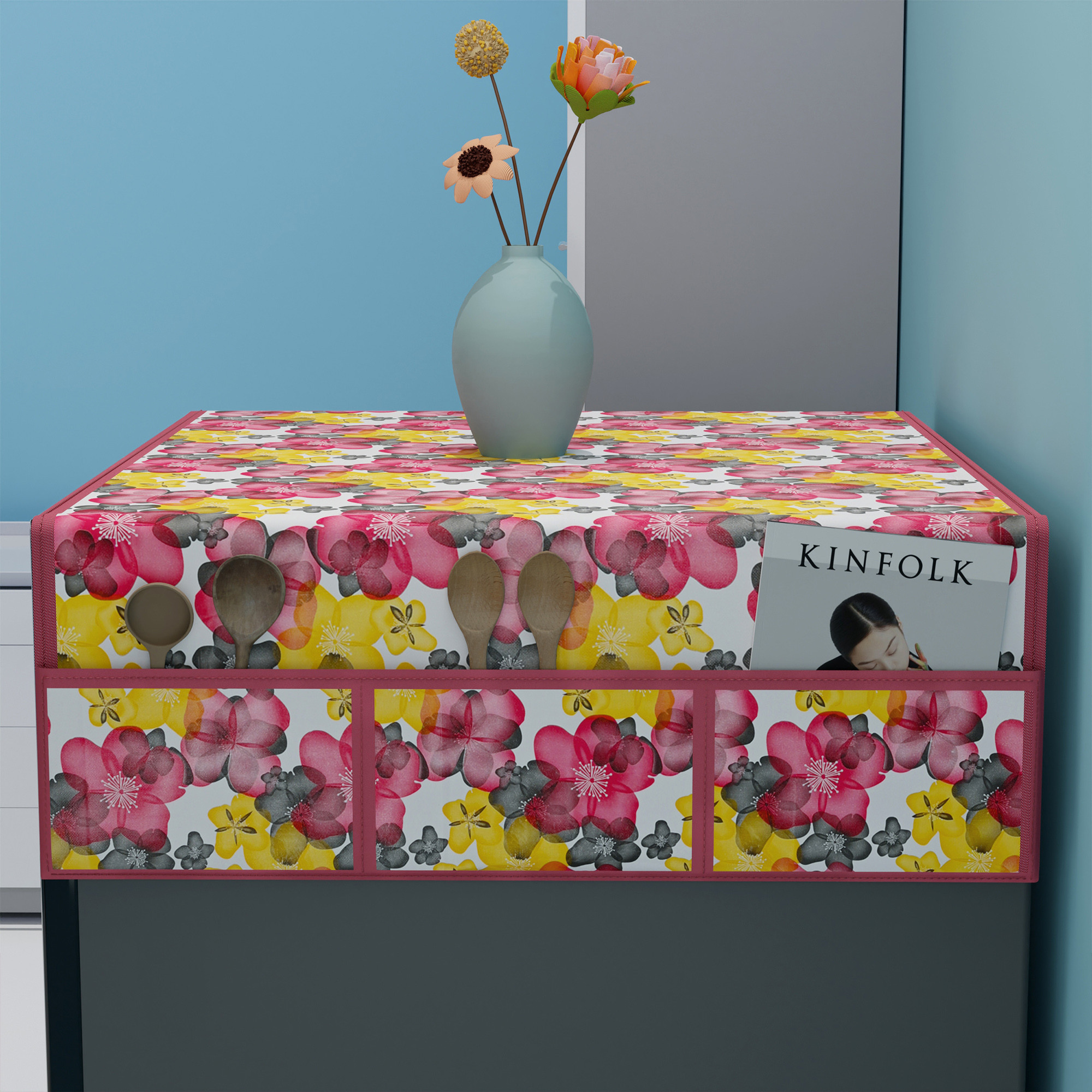 Kuber Industries XL Size Wipeable  Dustproof Fridge Cover Top With 6 Storage Pockets  Easy To Clean Refrigerator Cover Ideal for Home Canteen  Office  Flower- Pink  White