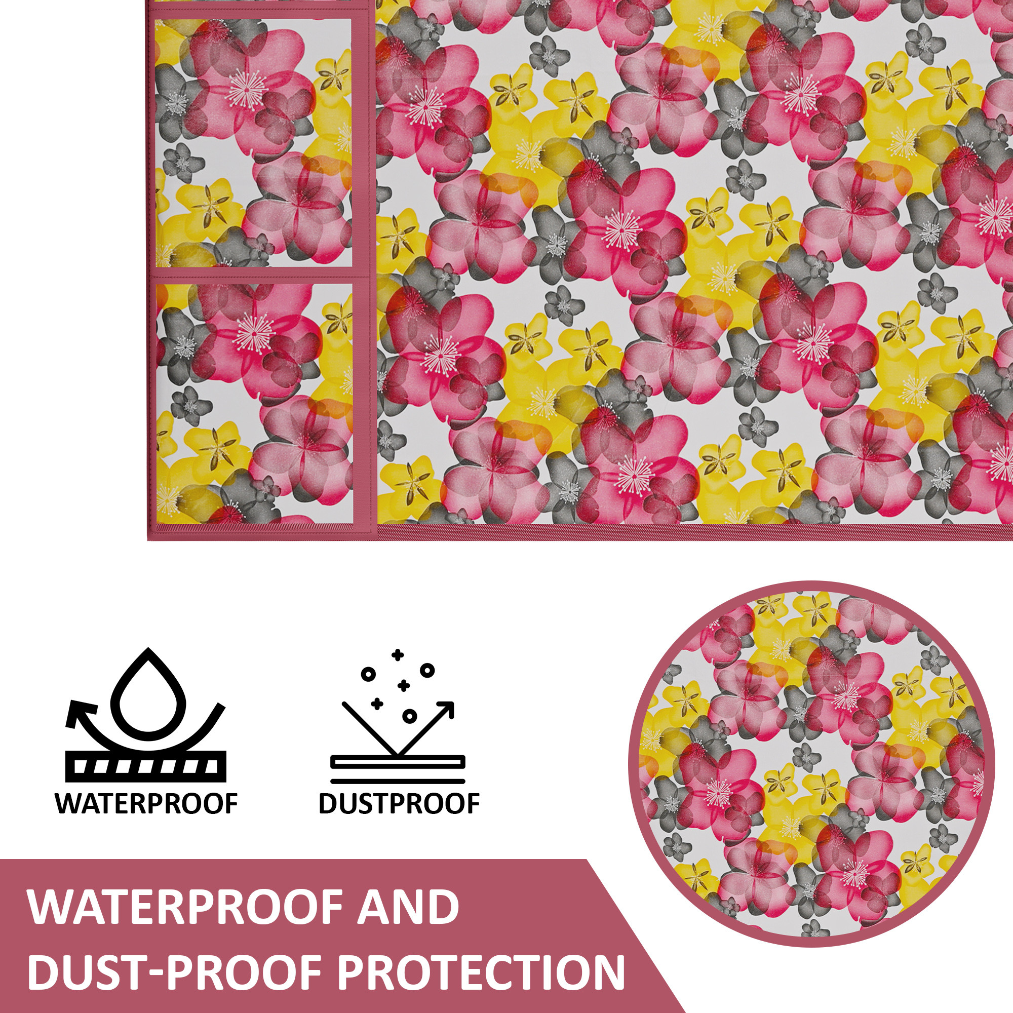 Kuber Industries XL Size Wipeable  Dustproof Fridge Cover Top With 6 Storage Pockets  Easy To Clean Refrigerator Cover Ideal for Home Canteen  Office  Flower- Pink  White