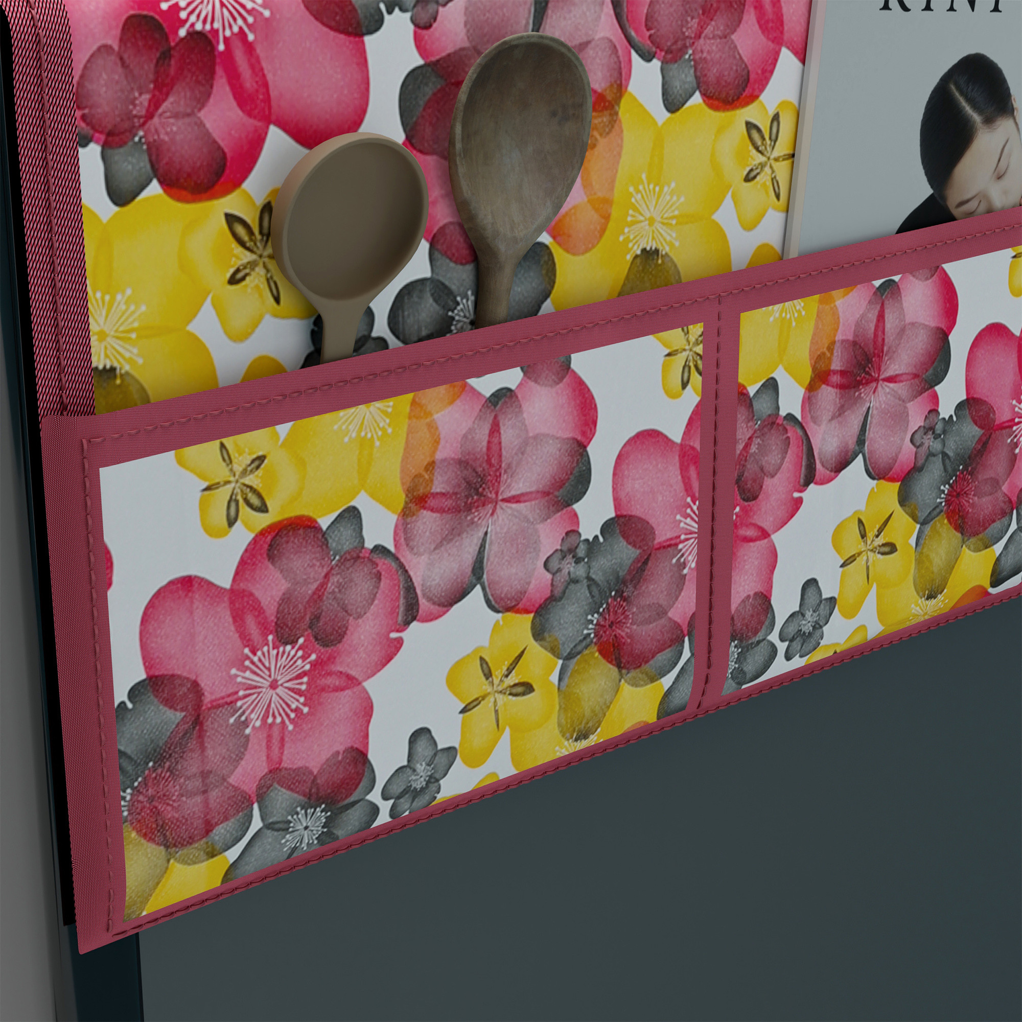 Kuber Industries XL Size Wipeable  Dustproof Fridge Cover Top With 6 Storage Pockets  Easy To Clean Refrigerator Cover Ideal for Home Canteen  Office  Flower- Pink  White