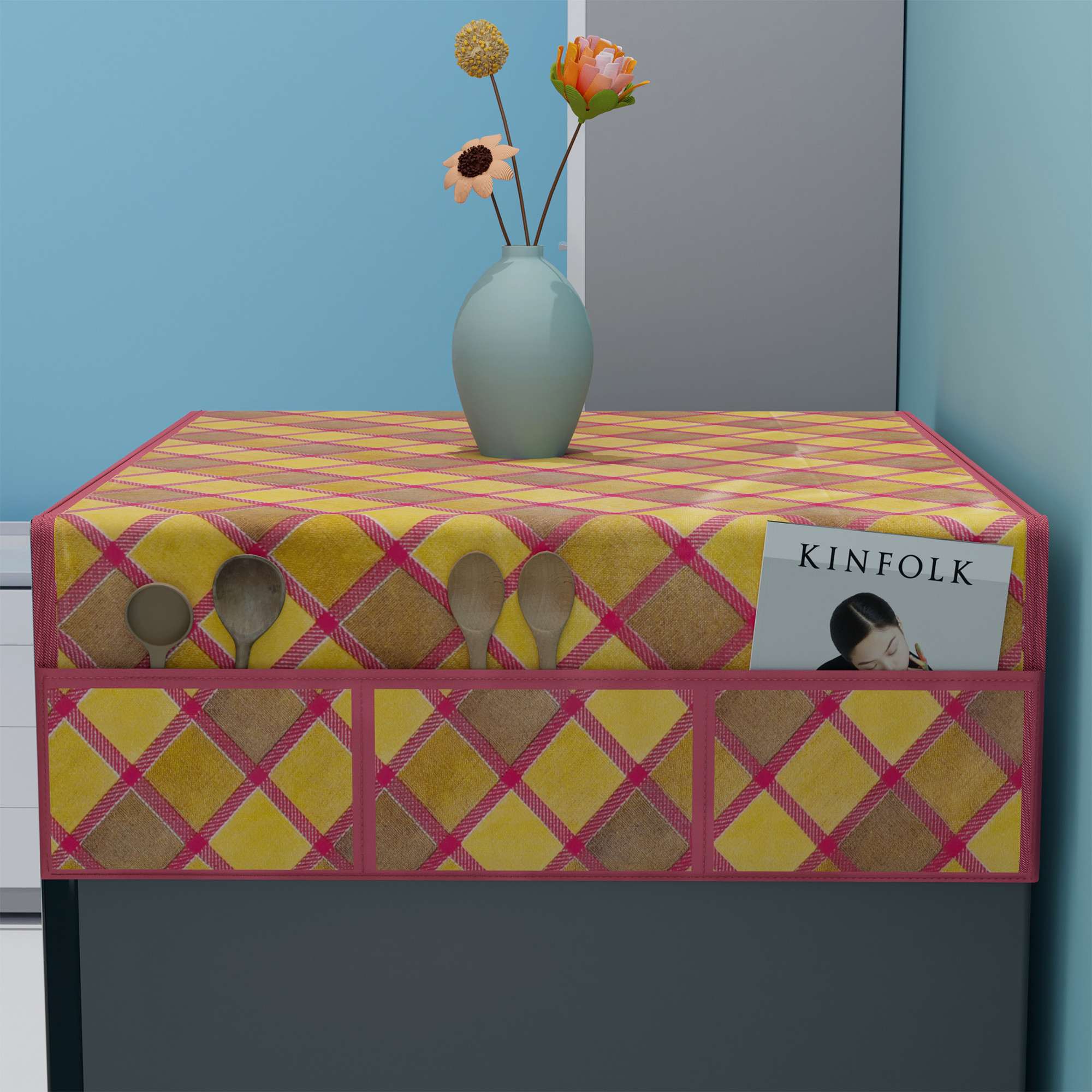 Kuber Industries XL Size Wipeable  Dustproof Fridge Cover Top With 6 Storage Pockets  Easy To Clean Refrigerator Cover Ideal for Home Canteen  Office  Gold Check- Maroon