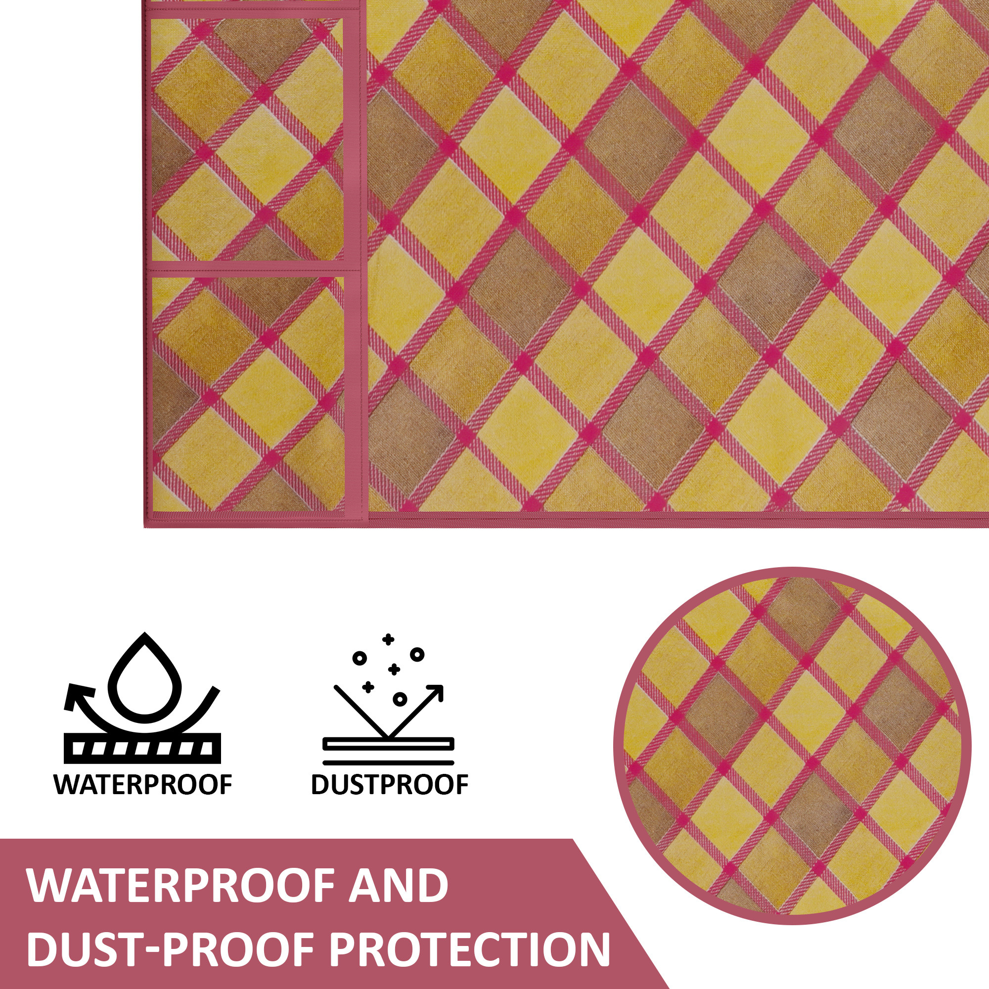 Kuber Industries XL Size Wipeable  Dustproof Fridge Cover Top With 6 Storage Pockets  Easy To Clean Refrigerator Cover Ideal for Home Canteen  Office  Gold Check- Maroon