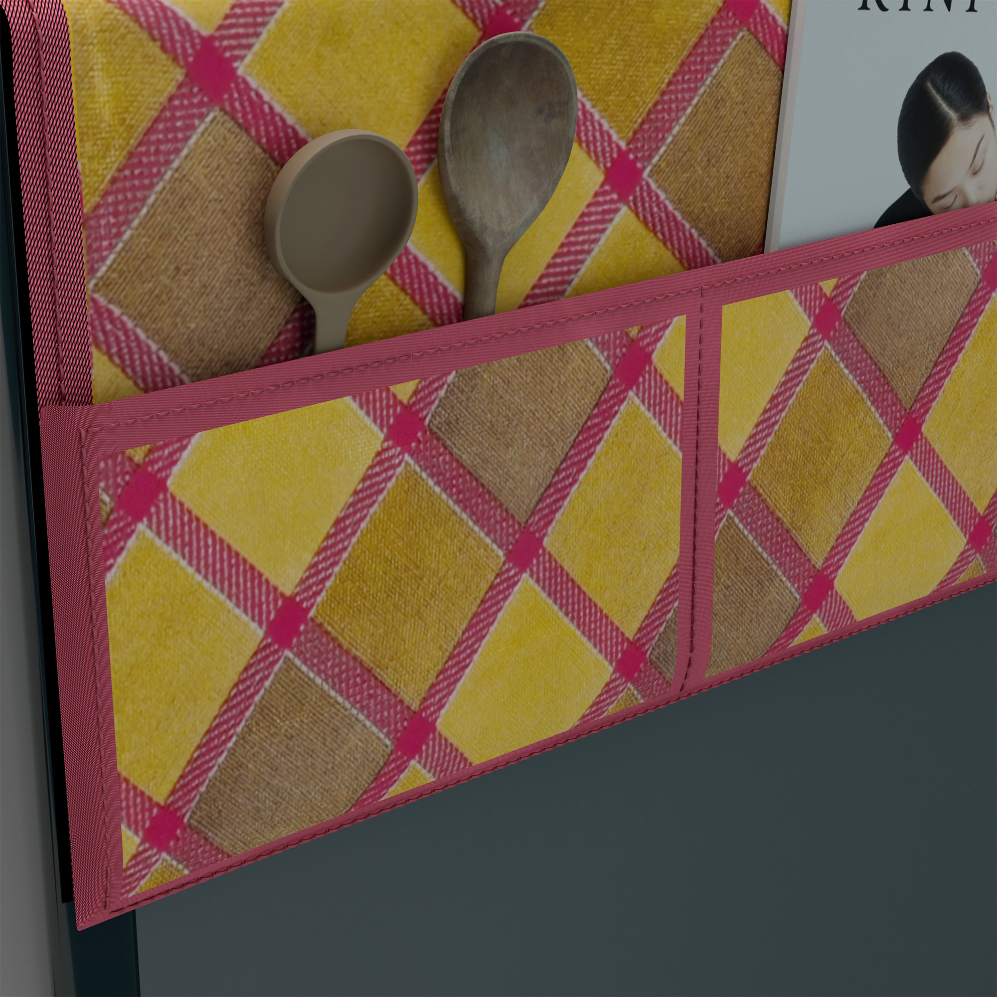 Kuber Industries XL Size Wipeable  Dustproof Fridge Cover Top With 6 Storage Pockets  Easy To Clean Refrigerator Cover Ideal for Home Canteen  Office  Gold Check- Maroon