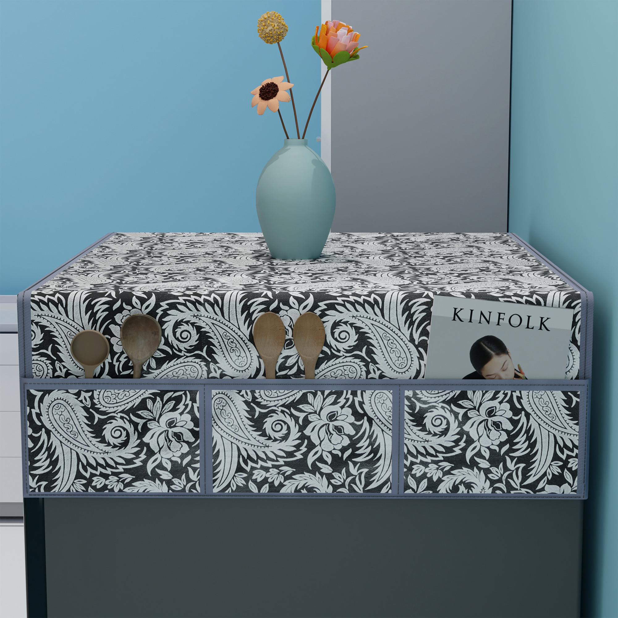 Kuber Industries XL Size Wipeable  Dustproof Fridge Cover Top With 6 Storage Pockets  Easy To Clean Refrigerator Cover Ideal for Home Canteen  Office  Silver Carry Print-Black