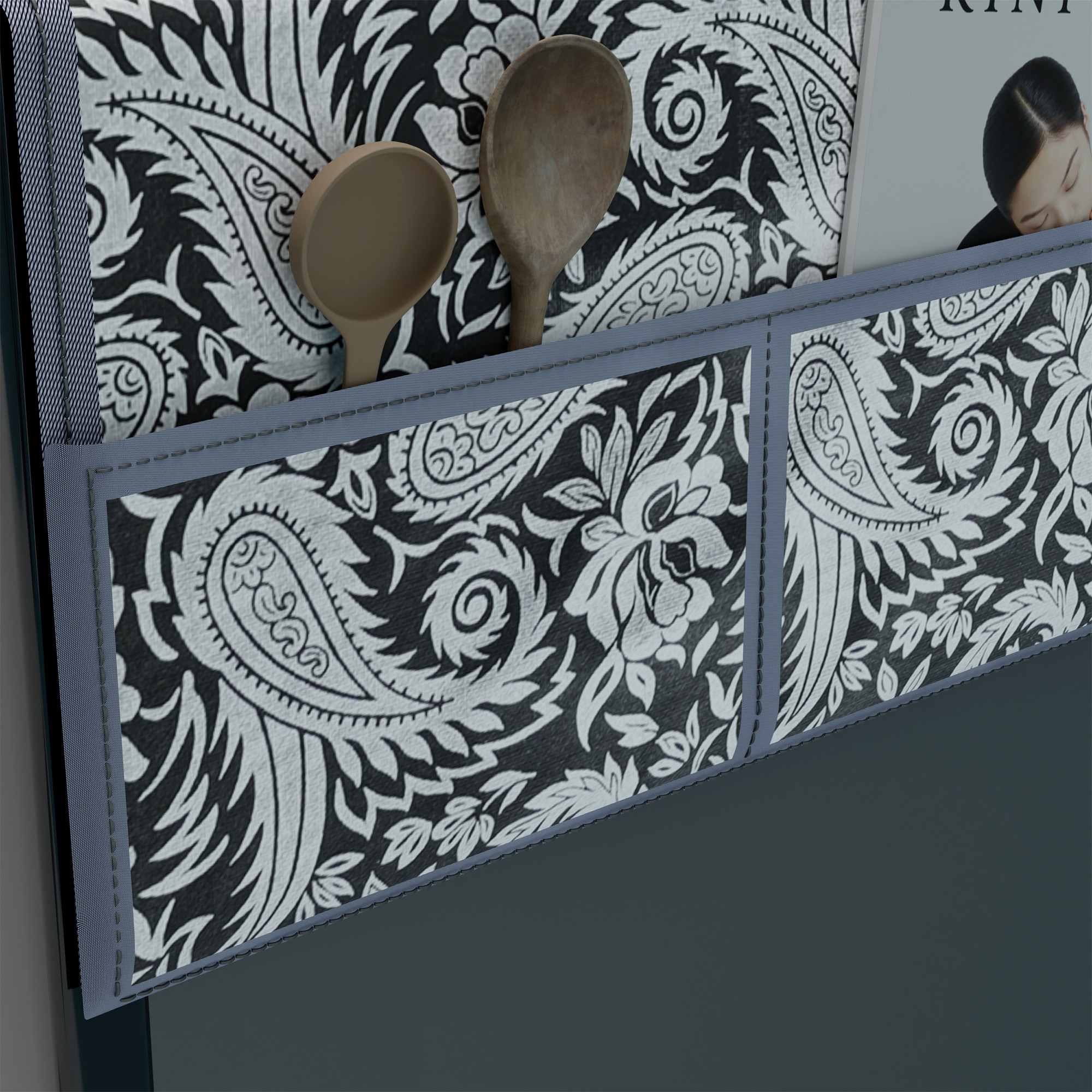 Kuber Industries XL Size Wipeable  Dustproof Fridge Cover Top With 6 Storage Pockets  Easy To Clean Refrigerator Cover Ideal for Home Canteen  Office  Silver Carry Print-Black