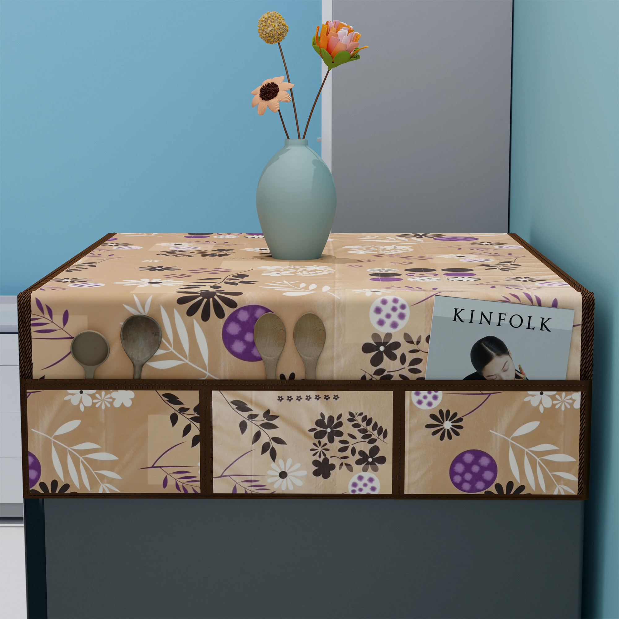 Kuber Industries XL Size Wipeable  Dustproof Fridge Cover Top With 6 Storage Pockets  Easy To Clean Refrigerator Cover Ideal for Home Canteen  Office  Flower Circle-Light Brown
