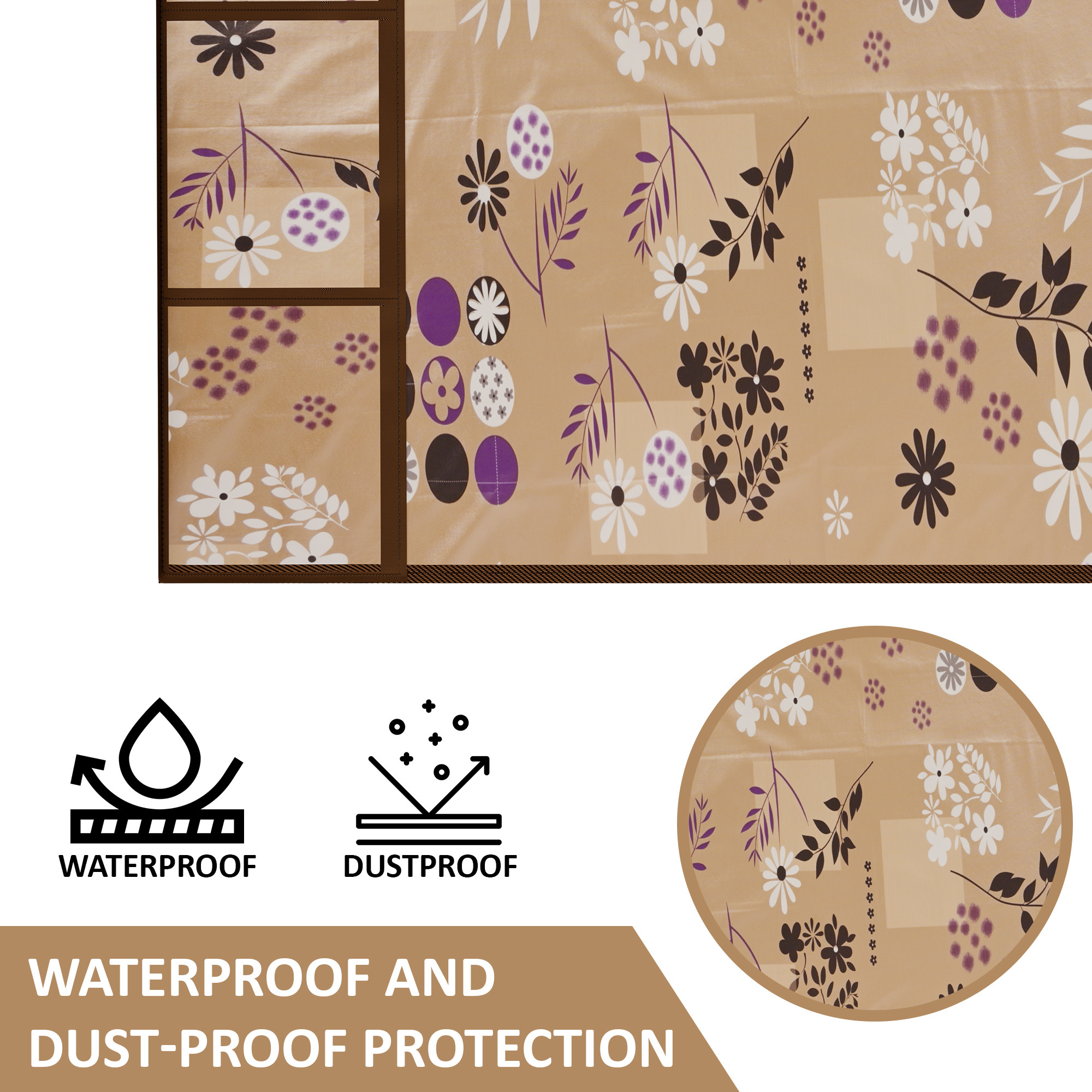 Kuber Industries XL Size Wipeable  Dustproof Fridge Cover Top With 6 Storage Pockets  Easy To Clean Refrigerator Cover Ideal for Home Canteen  Office  Flower Circle-Light Brown