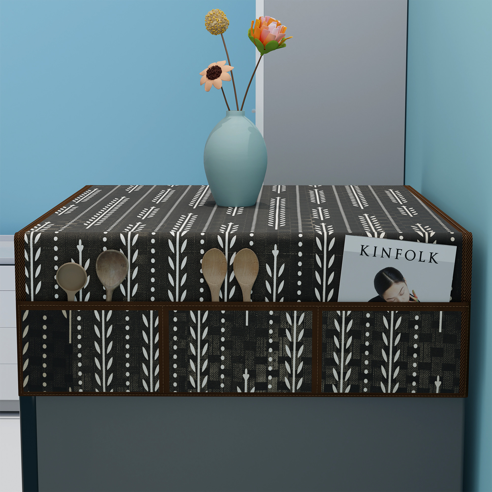 Kuber Industries XL Waterproof  Dustproof Refrigerator Cover with 6 Storage Pockets  Easy to Clean Double Door Fridge Cover  Organizer for Home  Lining Leaf - Brown