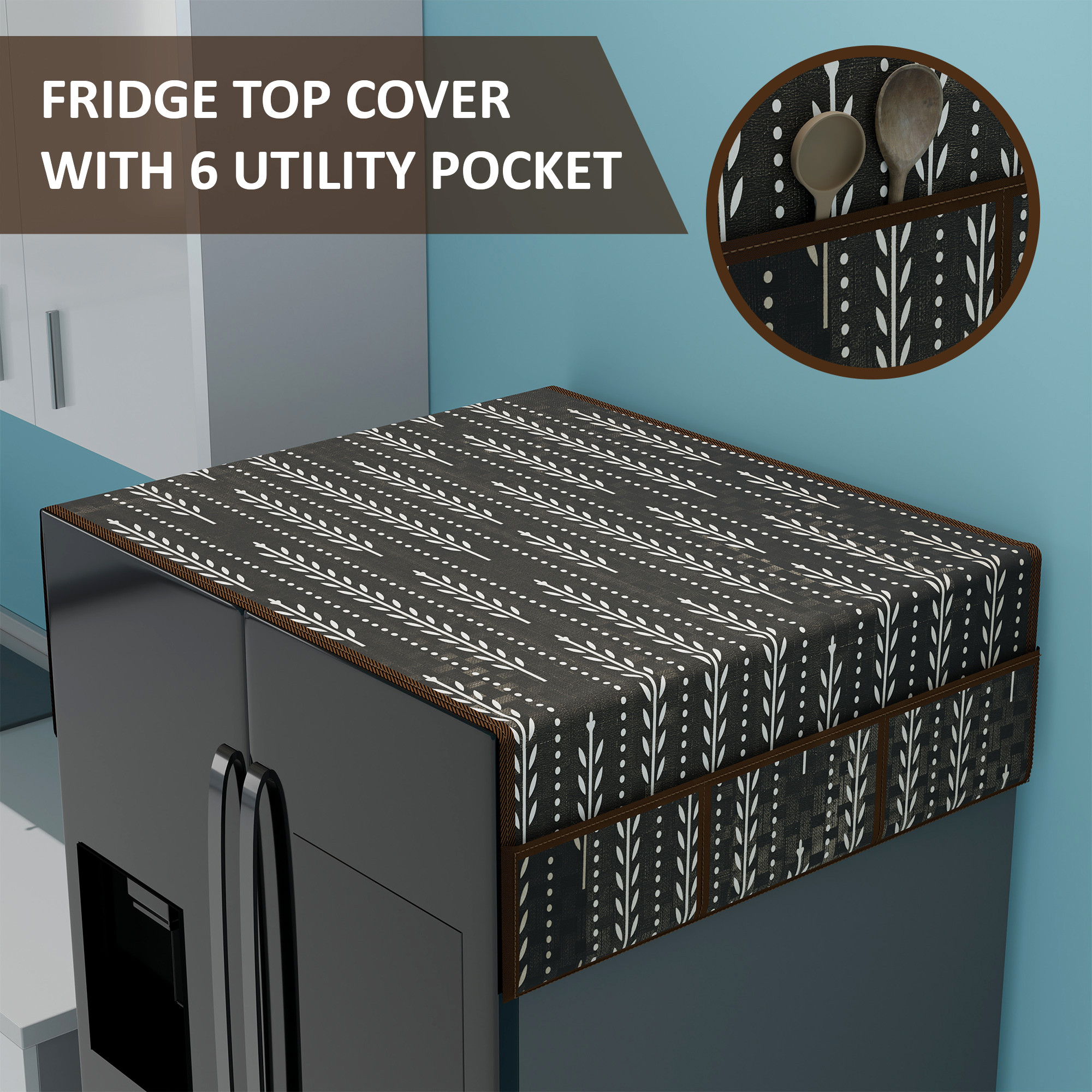 Kuber Industries XL Waterproof  Dustproof Refrigerator Cover with 6 Storage Pockets  Easy to Clean Double Door Fridge Cover  Organizer for Home  Lining Leaf - Brown