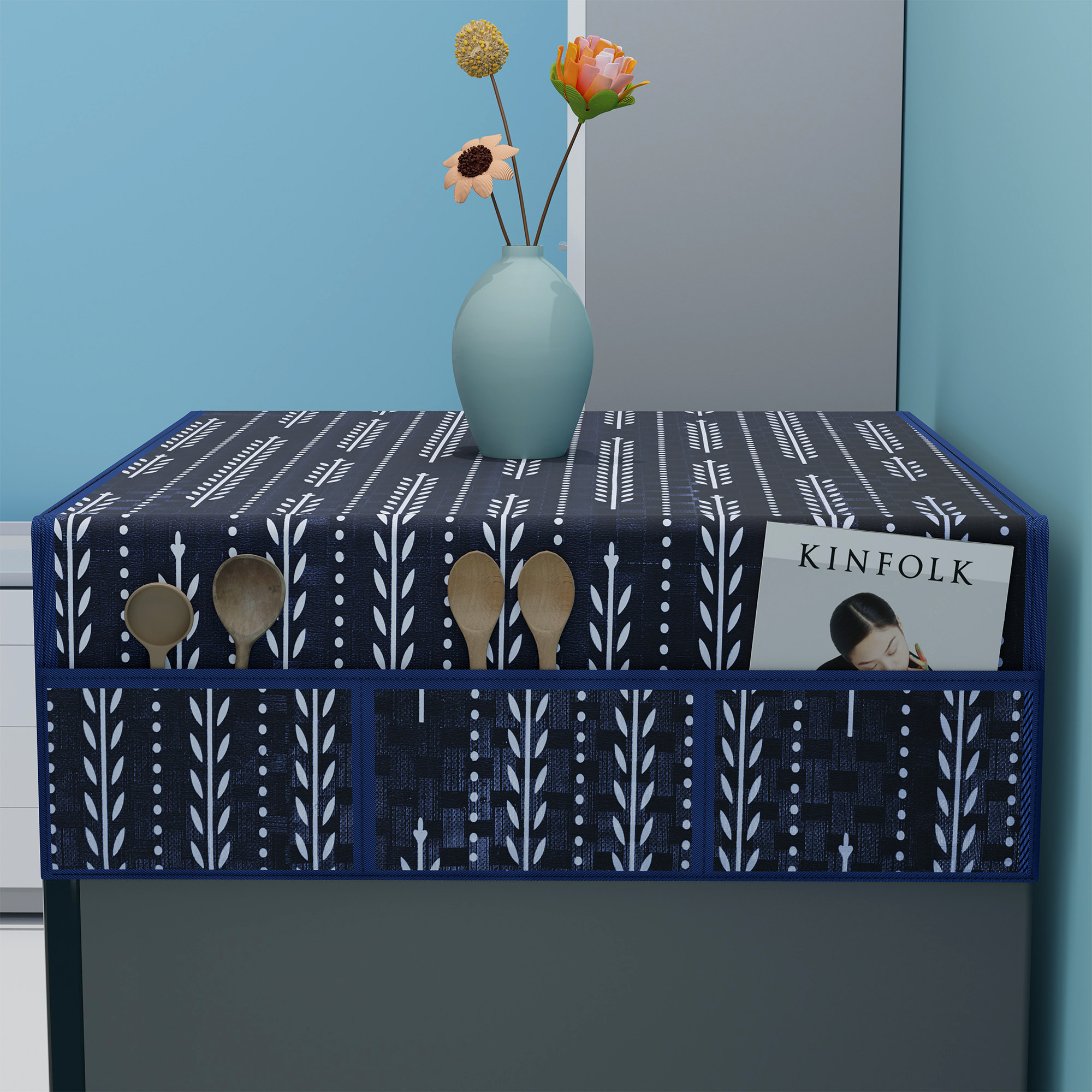 Kuber Industries XL Waterproof  Dustproof Refrigerator Cover with 6 Storage Pockets  Easy to Clean Double Door Fridge Cover  Organizer for Home  Lining Leaf - Navy Blue