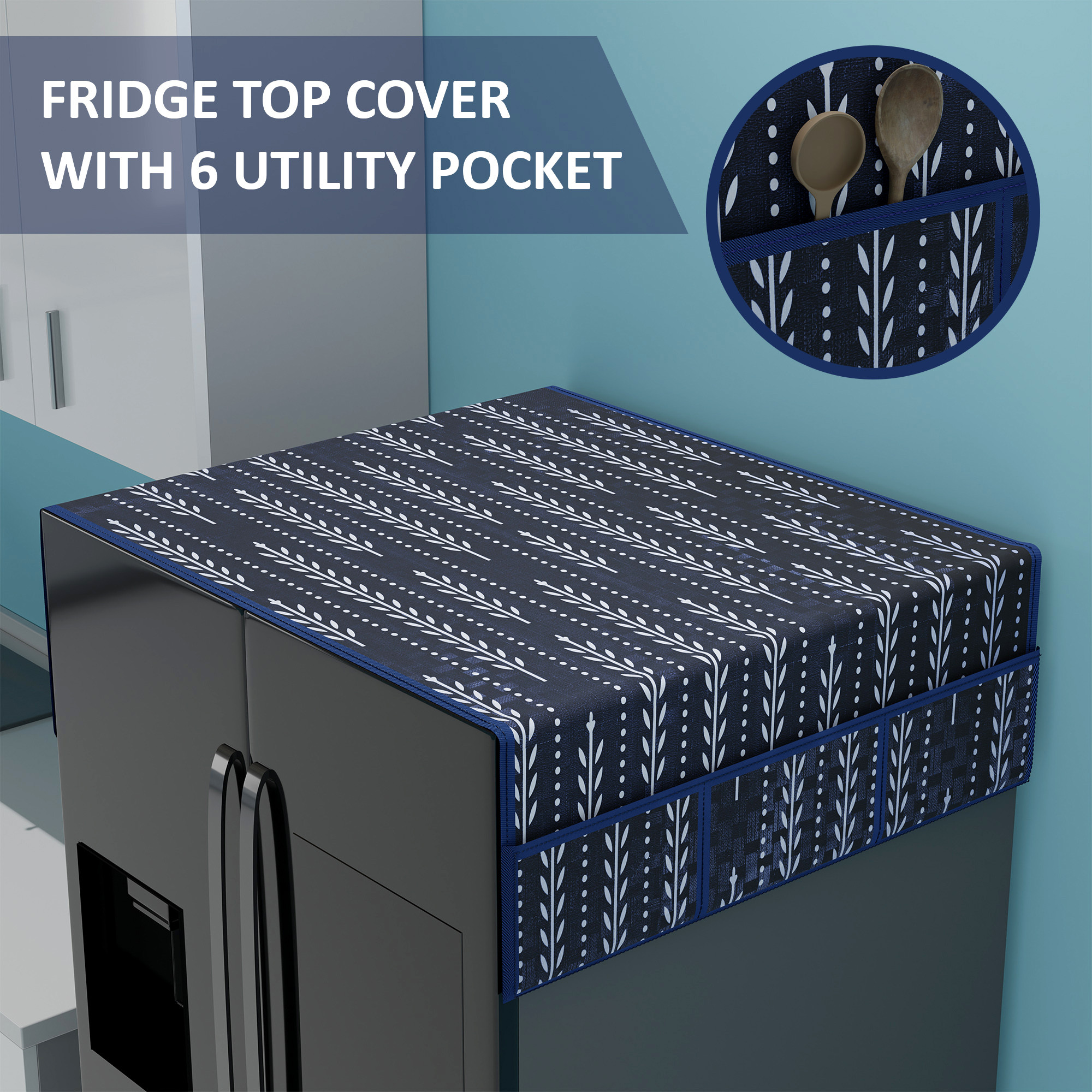 Kuber Industries XL Waterproof  Dustproof Refrigerator Cover with 6 Storage Pockets  Easy to Clean Double Door Fridge Cover  Organizer for Home  Lining Leaf - Navy Blue