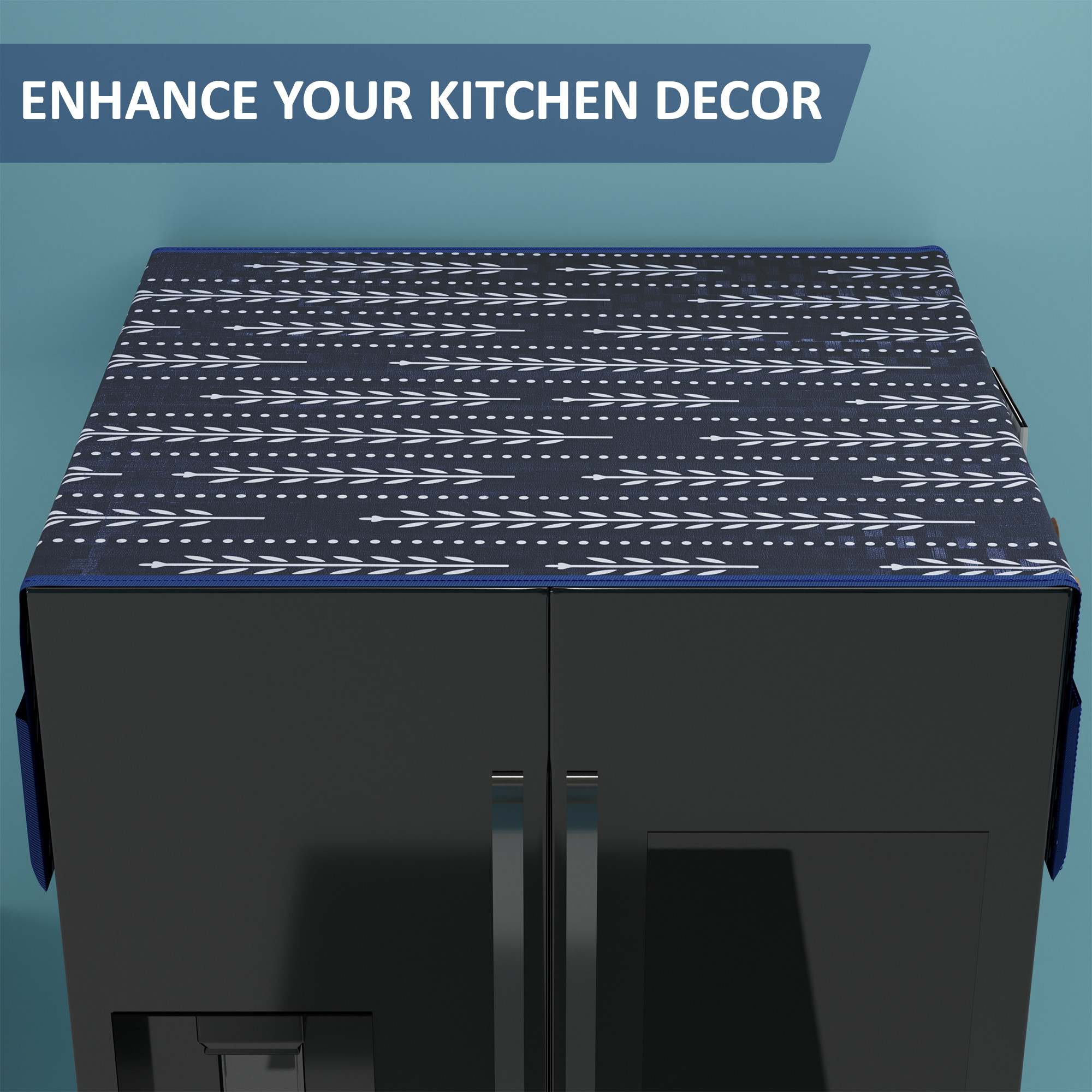 Kuber Industries XL Waterproof  Dustproof Refrigerator Cover with 6 Storage Pockets  Easy to Clean Double Door Fridge Cover  Organizer for Home  Lining Leaf - Navy Blue