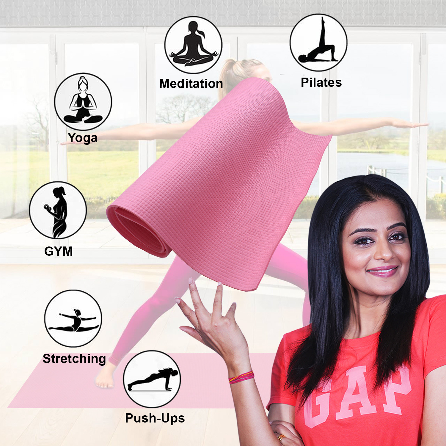 Kuber Industries Yoga Mat | Eva Foam Workout Mat | Anti-Skid Exercise Mat | Gym Yoga Mat | Yoga Mat for Women | Yoga Mat for Men | 4 MM | Pink