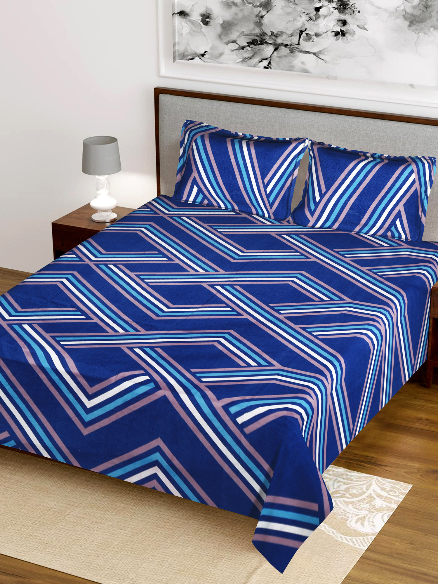 Kuber Industries Zig Zag Printed Luxurious Soft Breathable & Comfortable Glace Cotton Double Bedsheet With 2 Pillow Covers (Blue)-HS43KUBMART26799