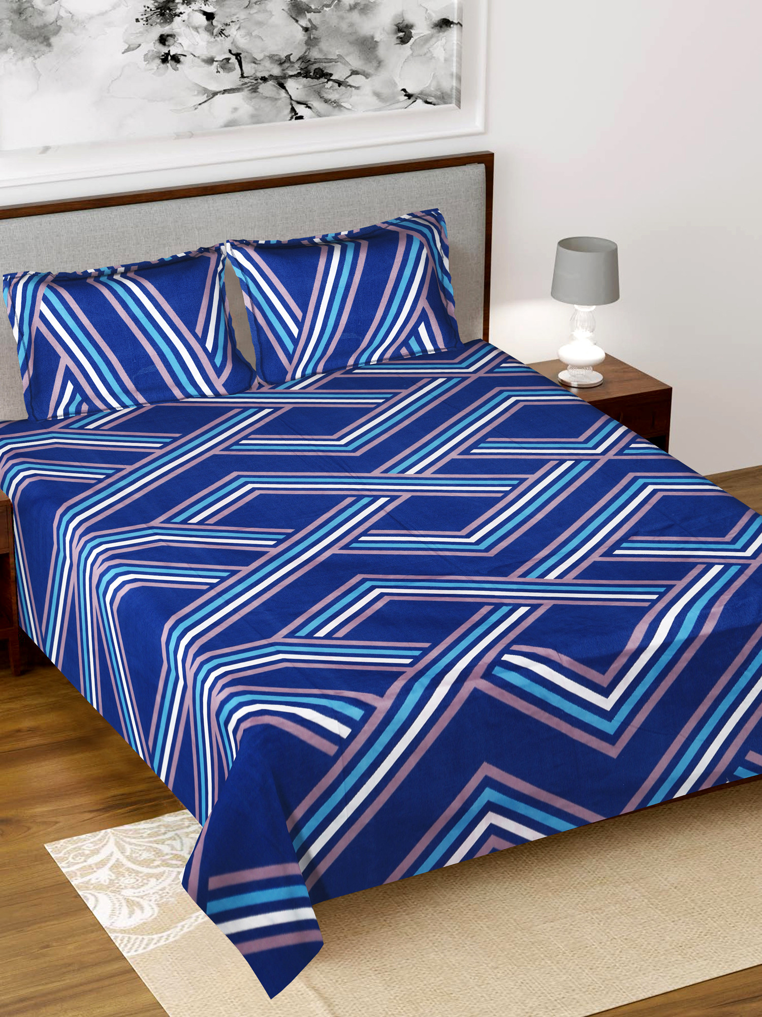 Kuber Industries Zig Zag Printed Luxurious Soft Breathable & Comfortable Glace Cotton Double Bedsheet With 2 Pillow Covers (Blue)-HS43KUBMART26799