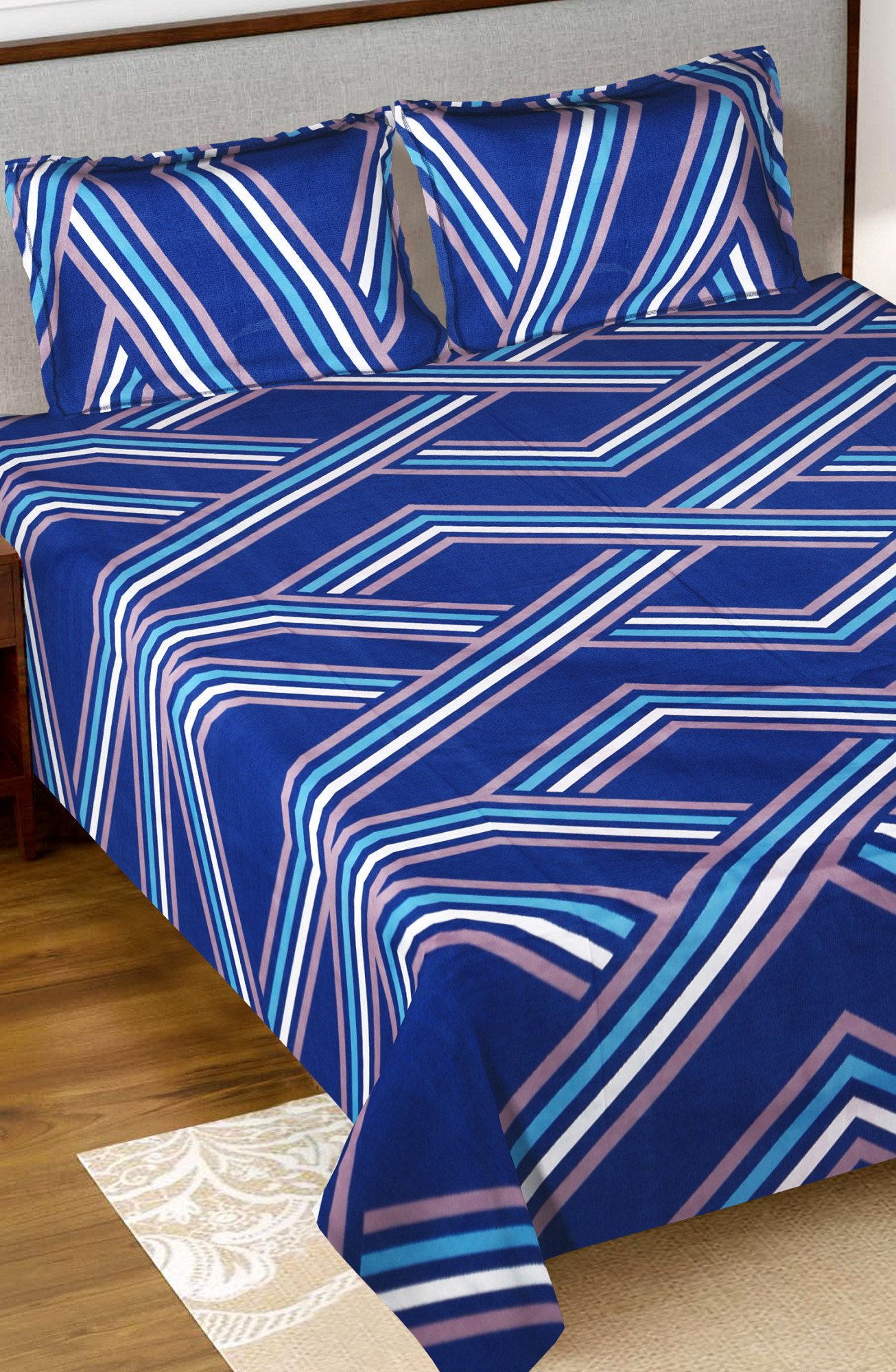 Kuber Industries Zig Zag Printed Luxurious Soft Breathable & Comfortable Glace Cotton Double Bedsheet With 2 Pillow Covers (Blue)-HS43KUBMART26799
