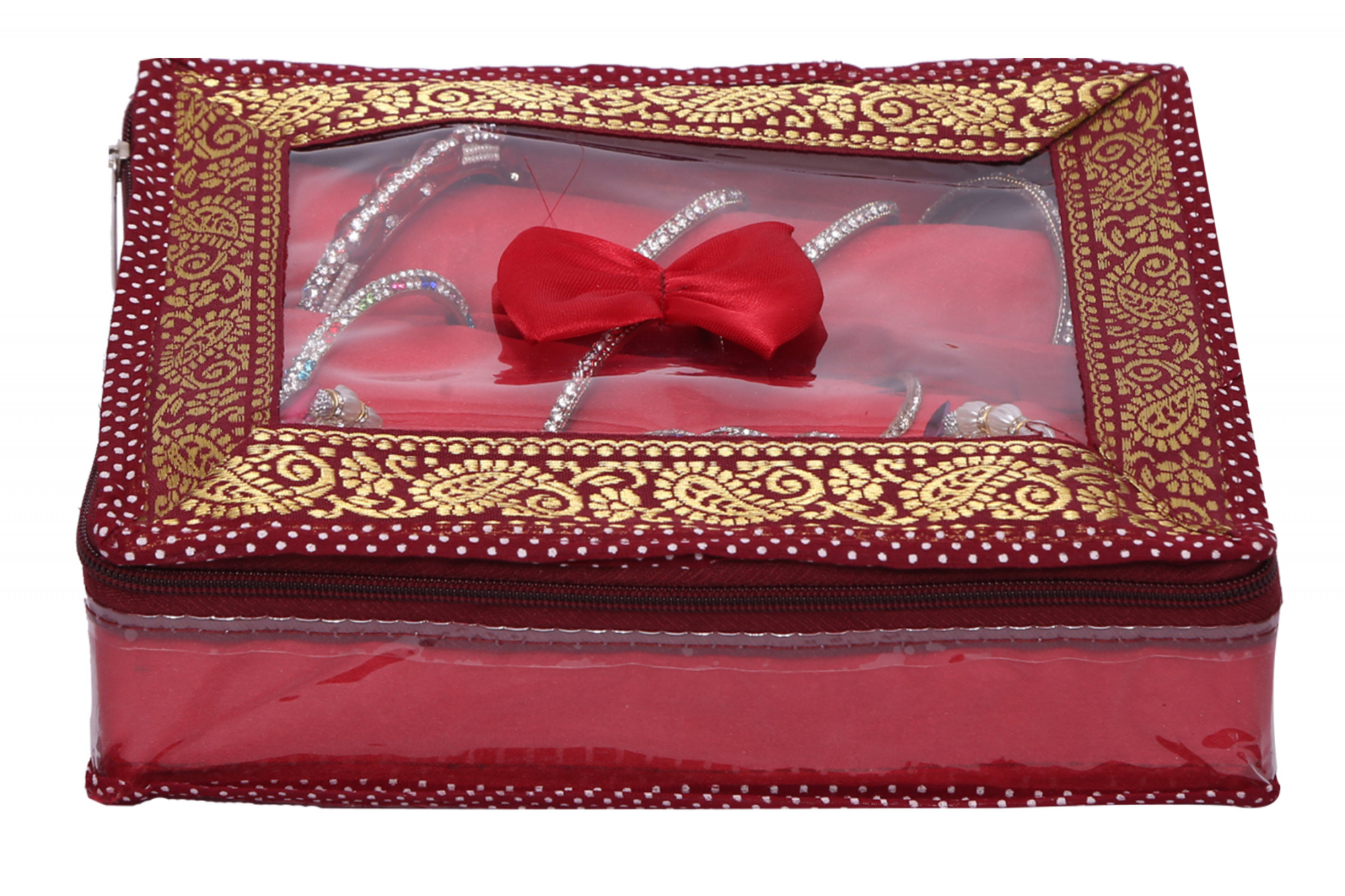 Kuber Industries Zipper Bangle Organiser with 3 Rods Jewellery Pouch Vanity Bag Organizer for Women and Girls (Maroon)