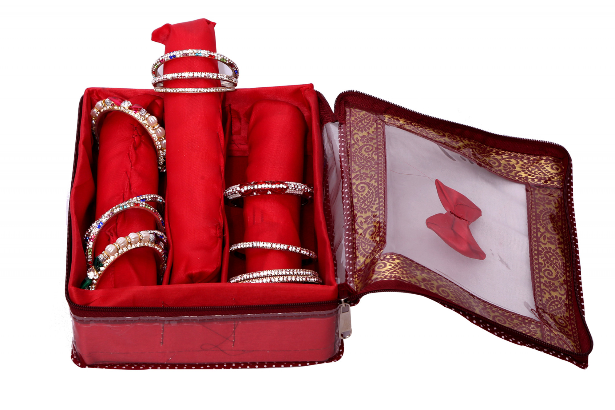 Kuber Industries Zipper Bangle Organiser with 3 Rods Jewellery Pouch Vanity Bag Organizer for Women and Girls (Maroon)