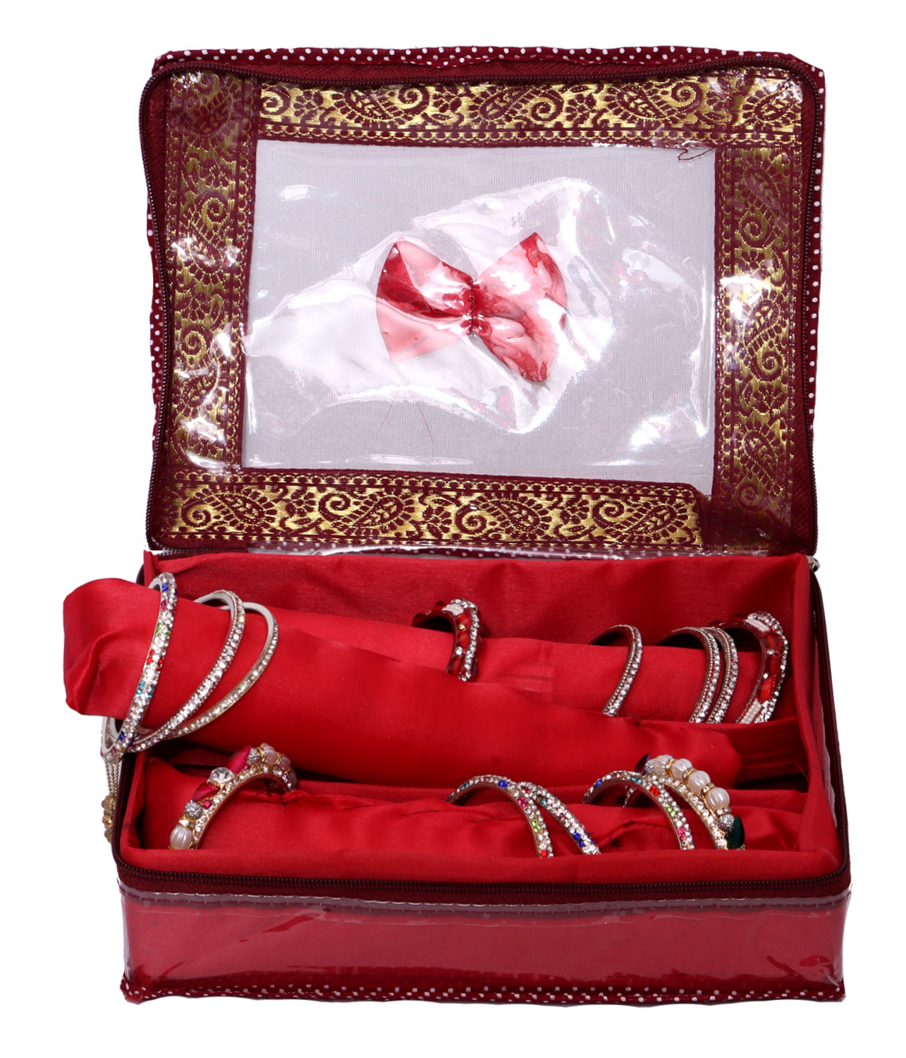 Kuber Industries Zipper Bangle Organiser with 3 Rods Jewellery Pouch Vanity Bag Organizer for Women and Girls (Maroon)