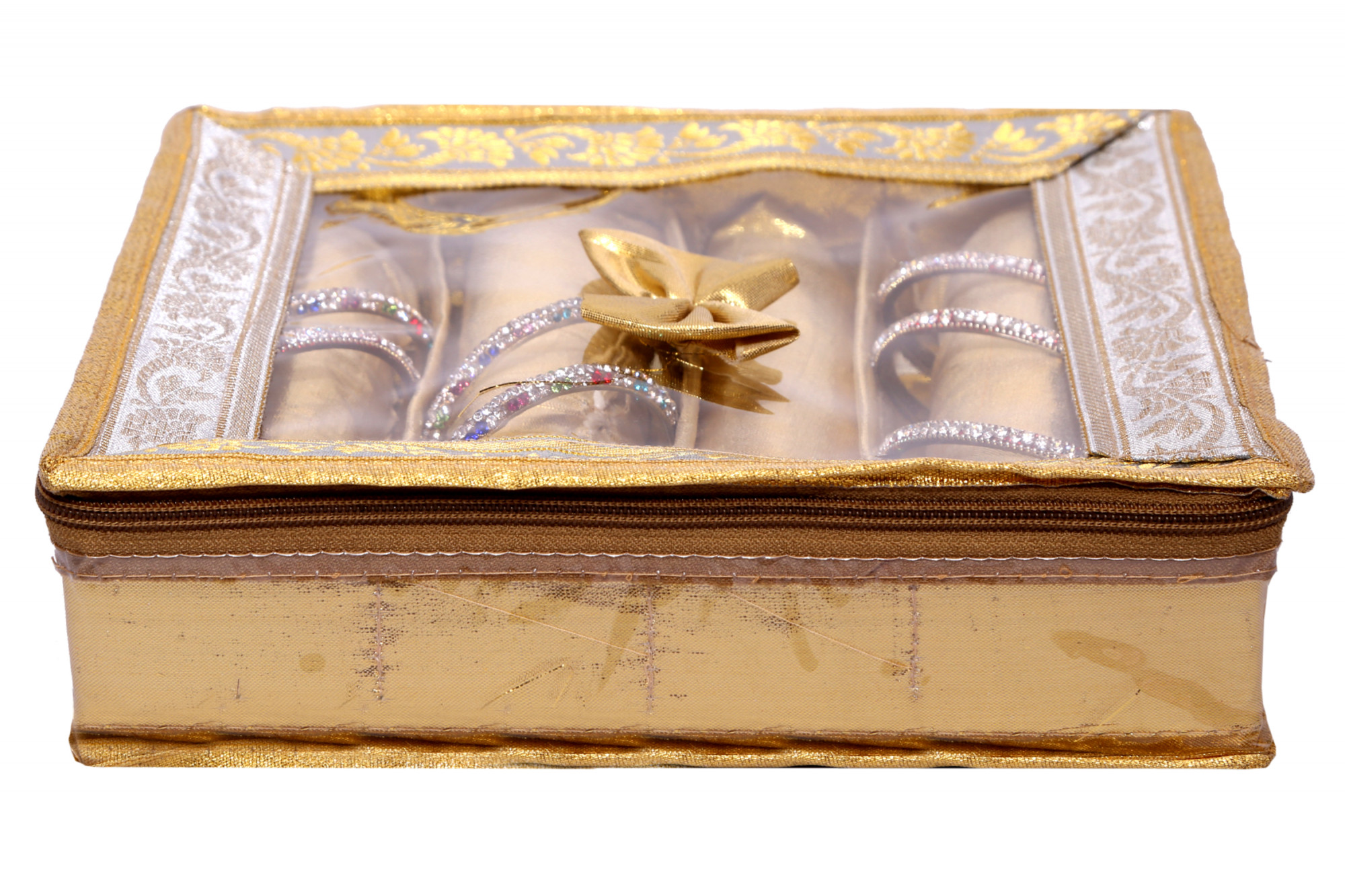 Kuber Industries Zipper Bangle Organiser with 4 Rods Jewellery Pouch Vanity Bag Organizer for Women and Girls (Gold)