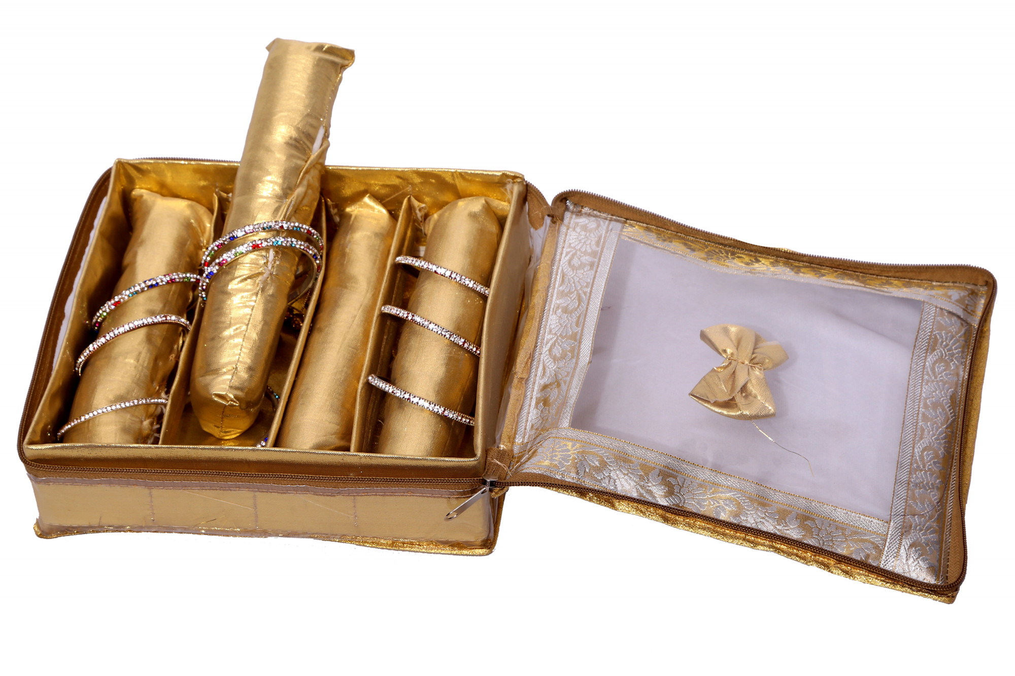Kuber Industries Zipper Bangle Organiser with 4 Rods Jewellery Pouch Vanity Bag Organizer for Women and Girls (Gold)