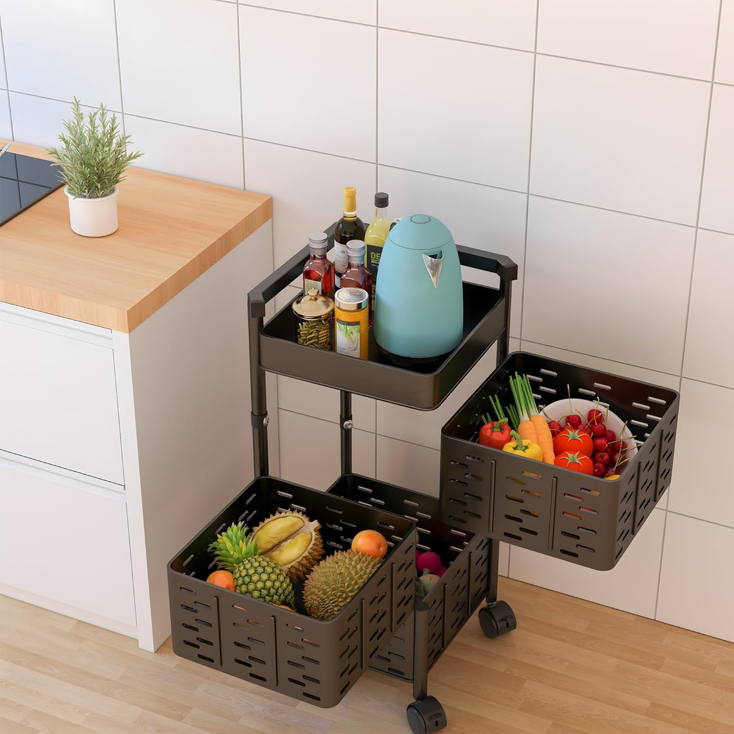 Kuber Industries3-Layer Kitchen Trolley With 360 Rotation For Bathroom, Bedroom (Black)