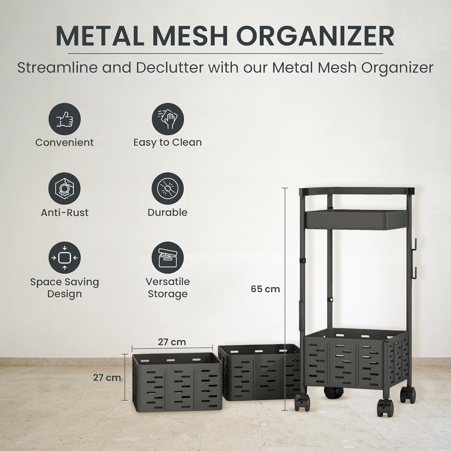 Kuber Industries3-Layer Kitchen Trolley With 360 Rotation For Bathroom, Bedroom (Black)