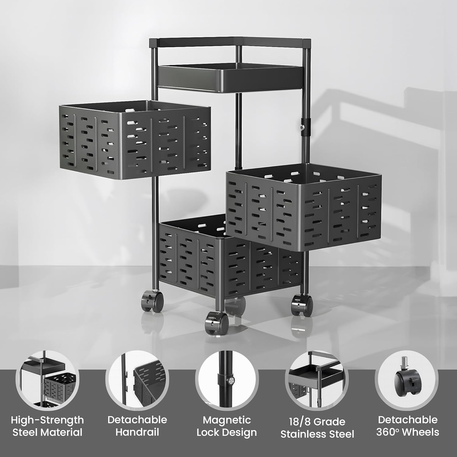Kuber Industries3-Layer Kitchen Trolley With 360 Rotation For Bathroom, Bedroom (Black)