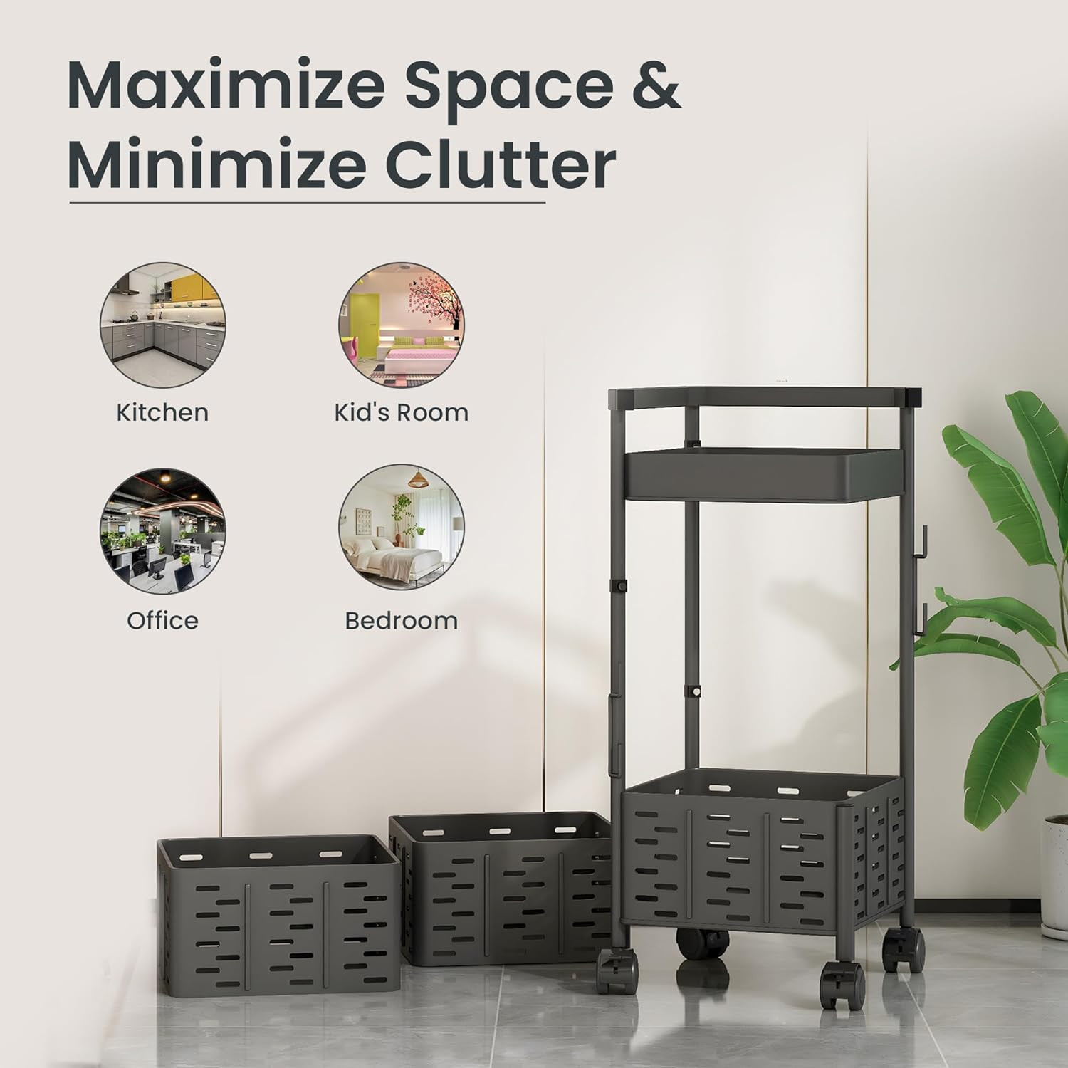 Kuber Industries3-Layer Kitchen Trolley With 360 Rotation For Bathroom, Bedroom (Black)